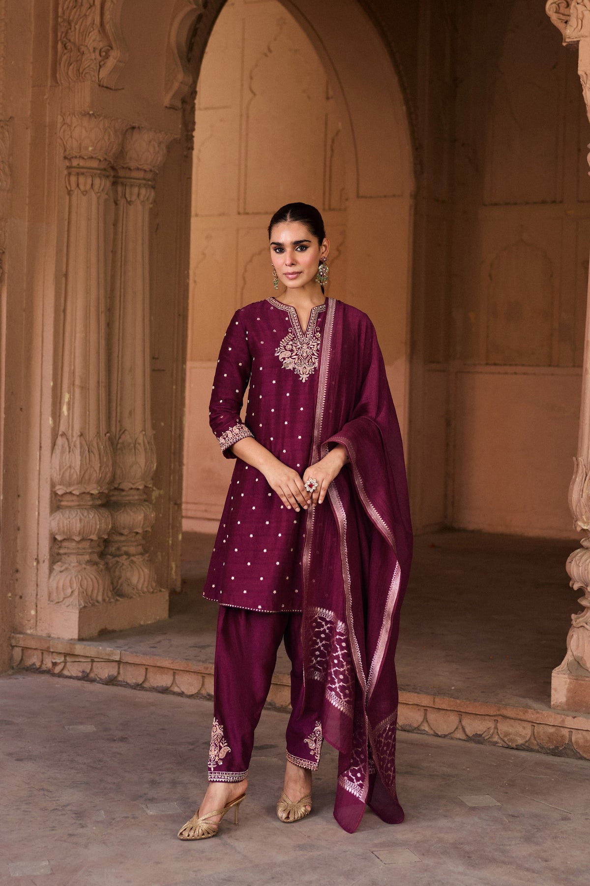 GAUHAR BANARASI SILK CHANDERI JACQUARD HANDCRAFTED MAROON A-LINE KURTA SET