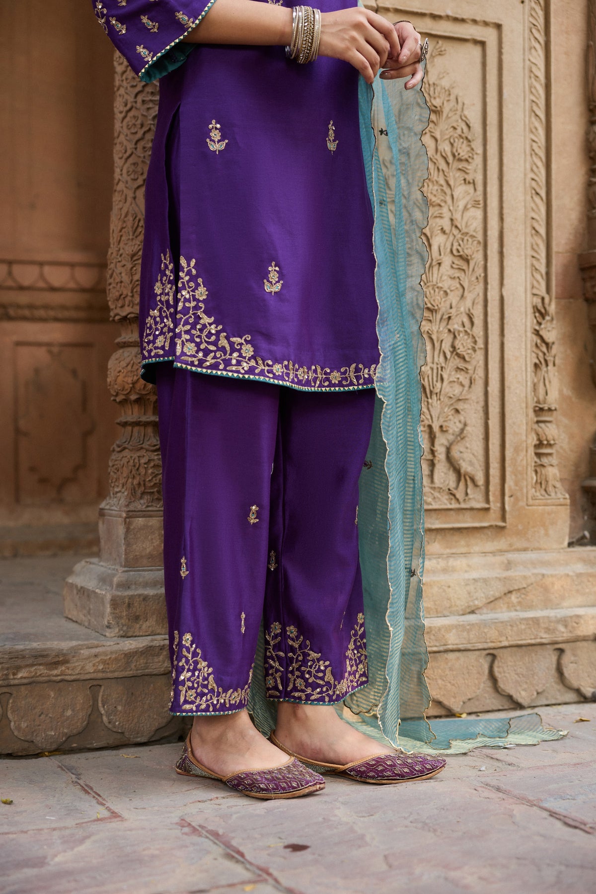 ASMI SILK CHANDERI HANDCRAFTED PURPLE STRAIGHT KURTA SET