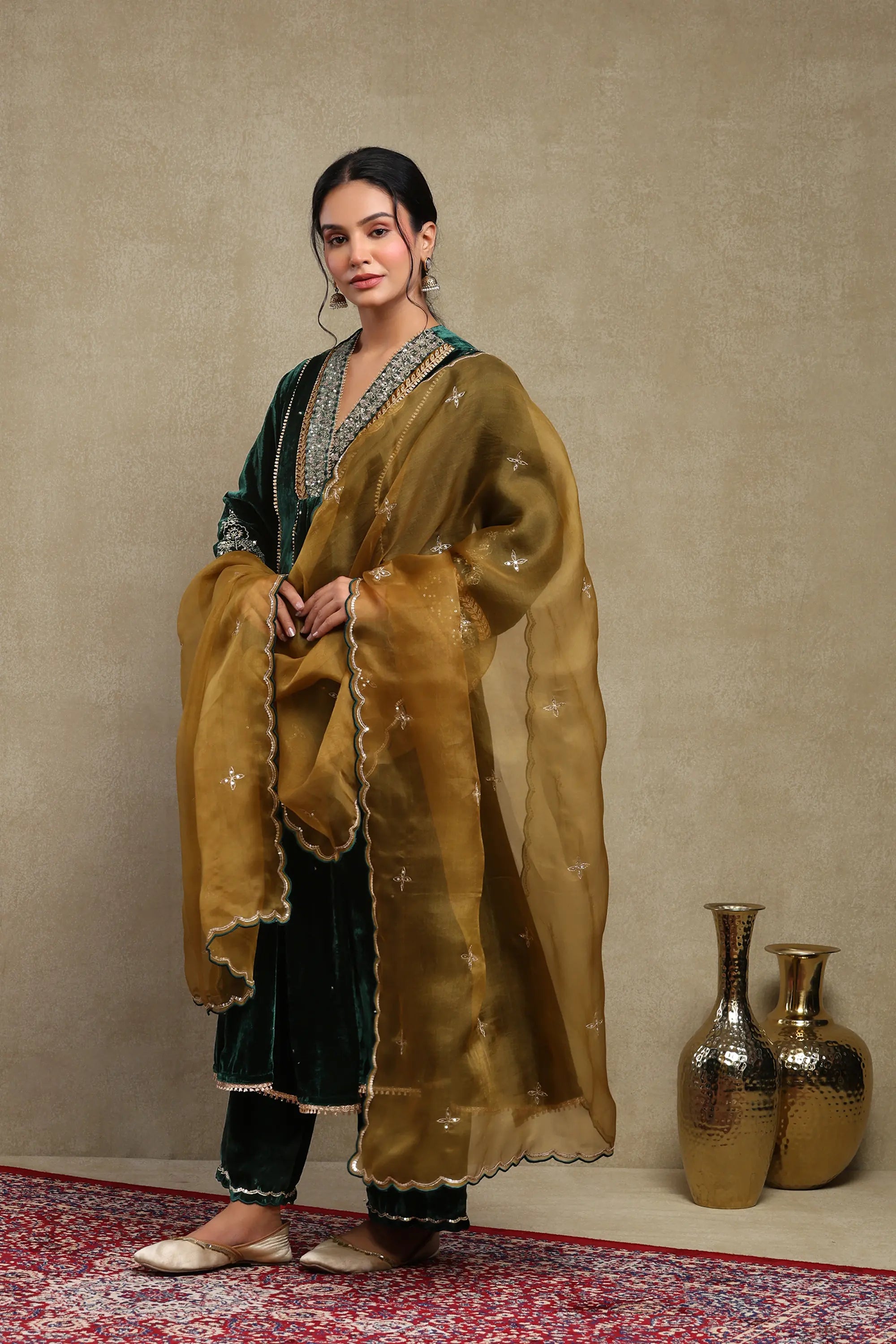 Anam Forest Green Embroidered Kurta Set