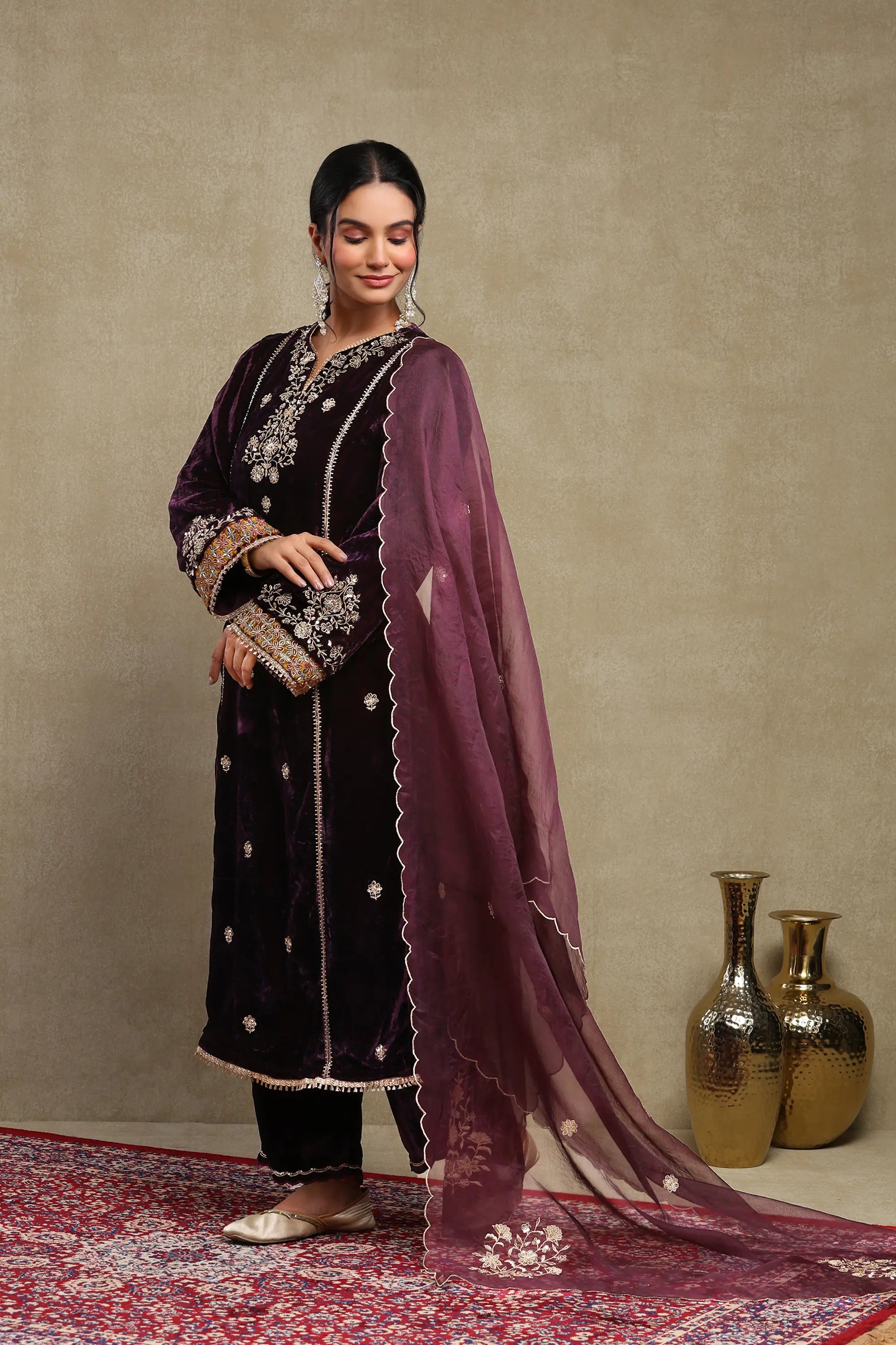 Leena Purple Embroidered Silk Velvet Handcrafted Kurta Set