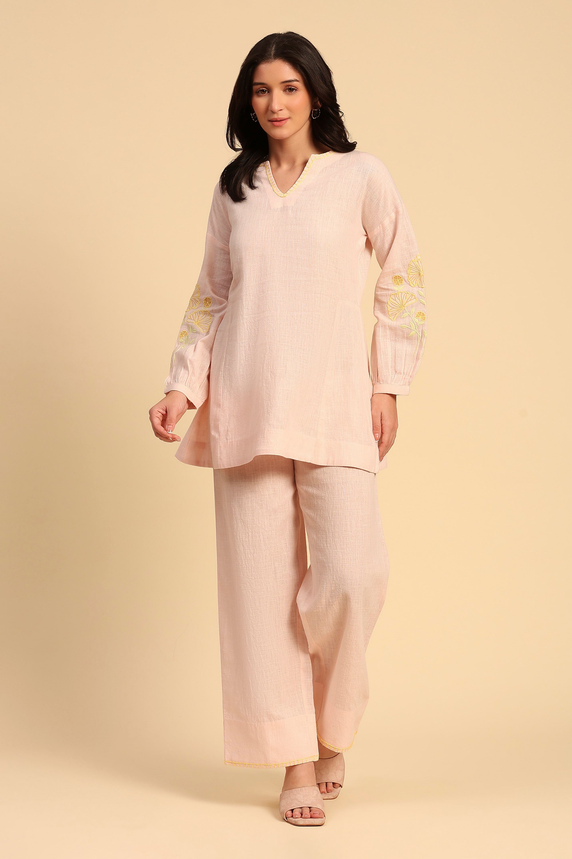 Alaya Soft Pink Embroidered Handcrafted Cotton Linen  Co-ord Set