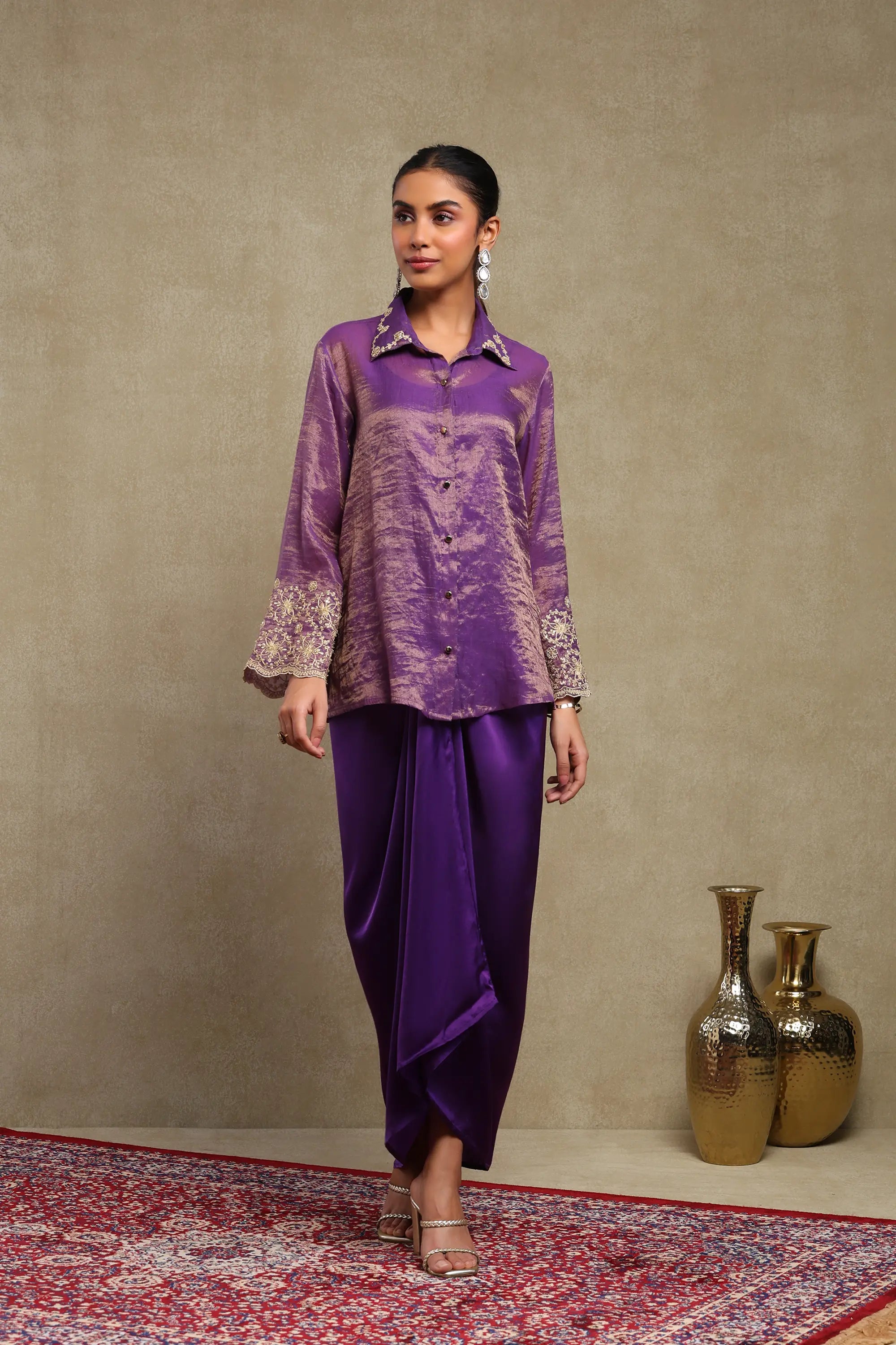 Elina Deep Purple Hand Embroidered Tissue Chanderi and Satin Skirt Set
