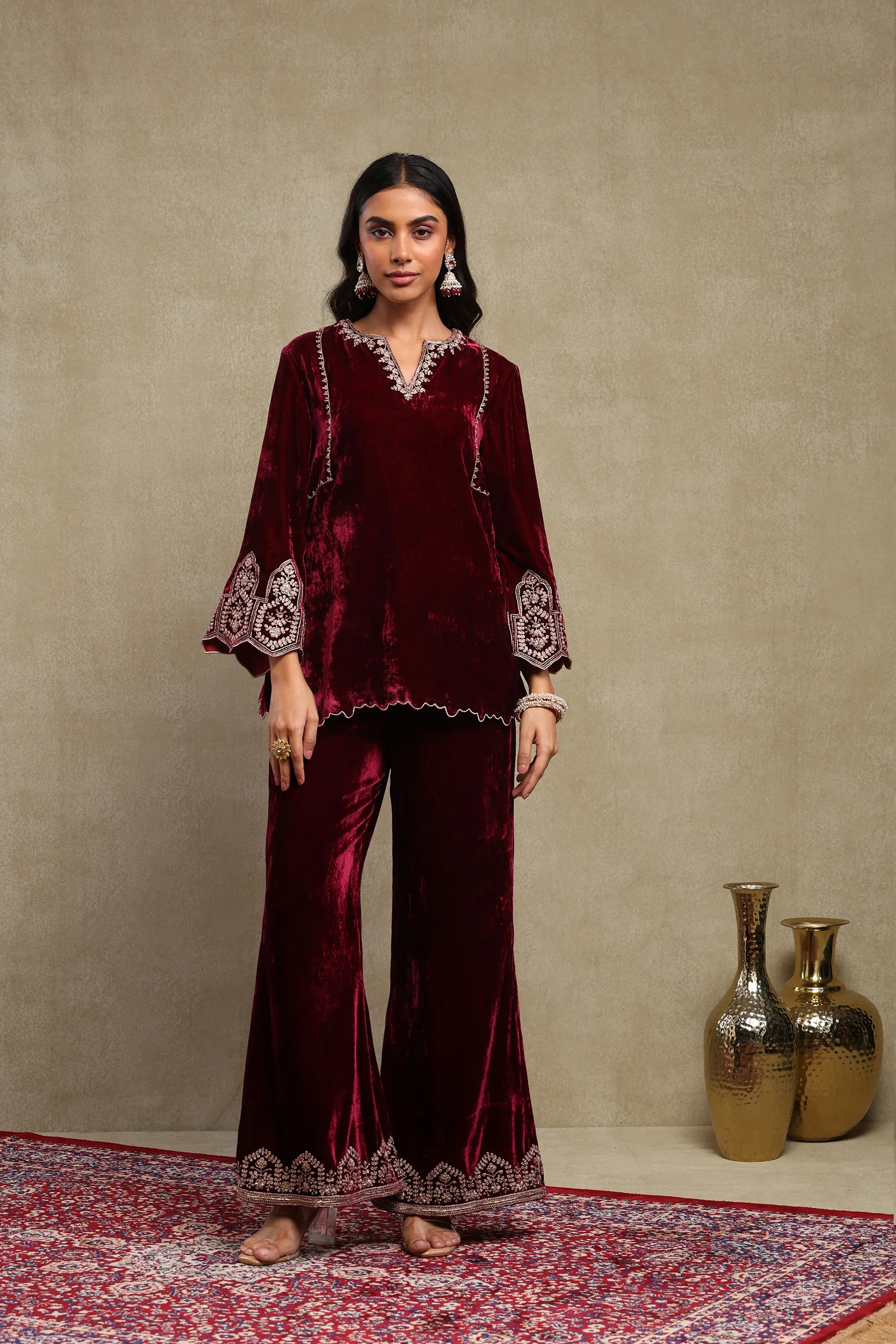 Rida Plum Hand Embroidered Silk Velvet Co-Ord Set