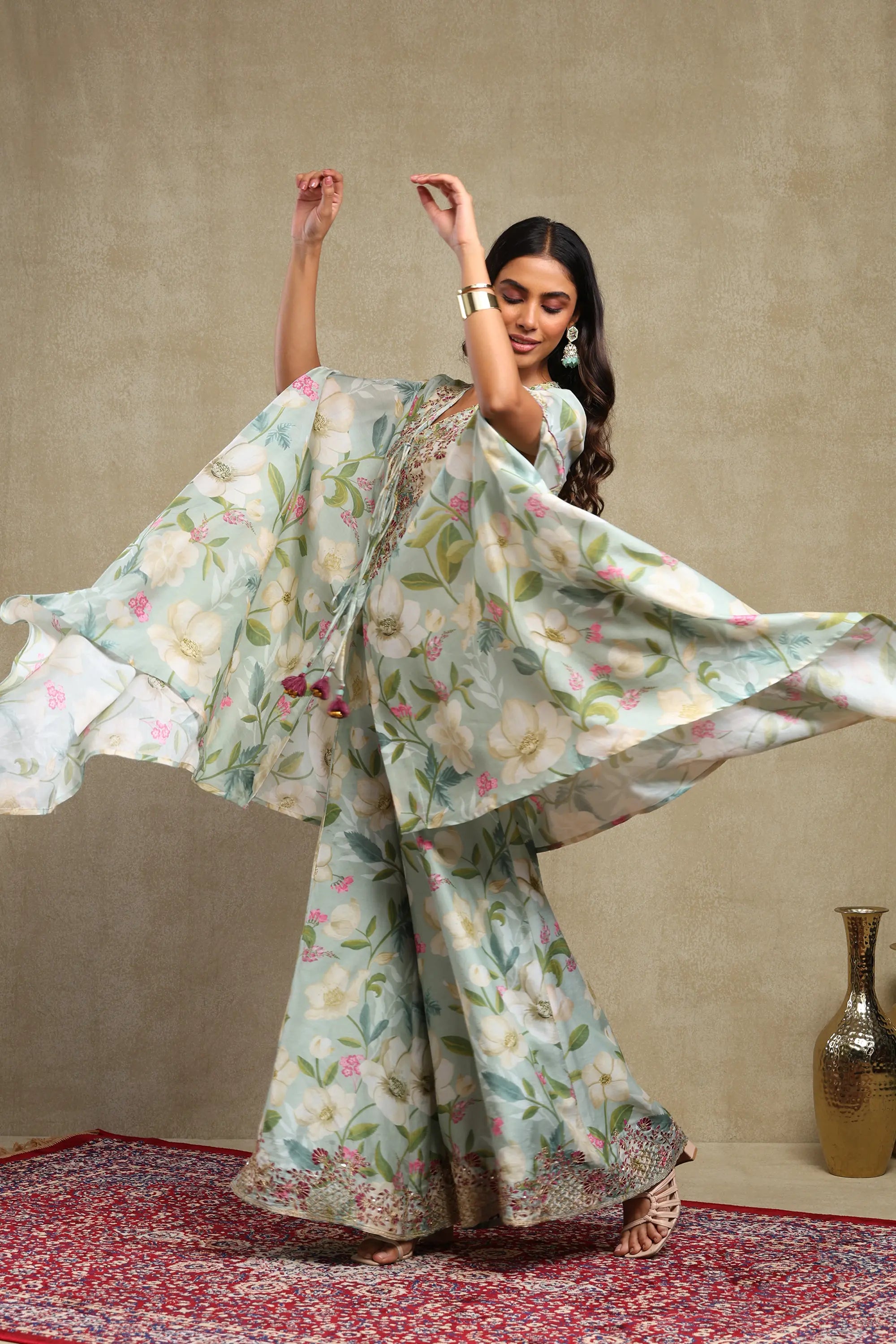 Tanisha Turquoise Floral Printed Hand Embroidered Lightweight Chanderi Kaftan Set