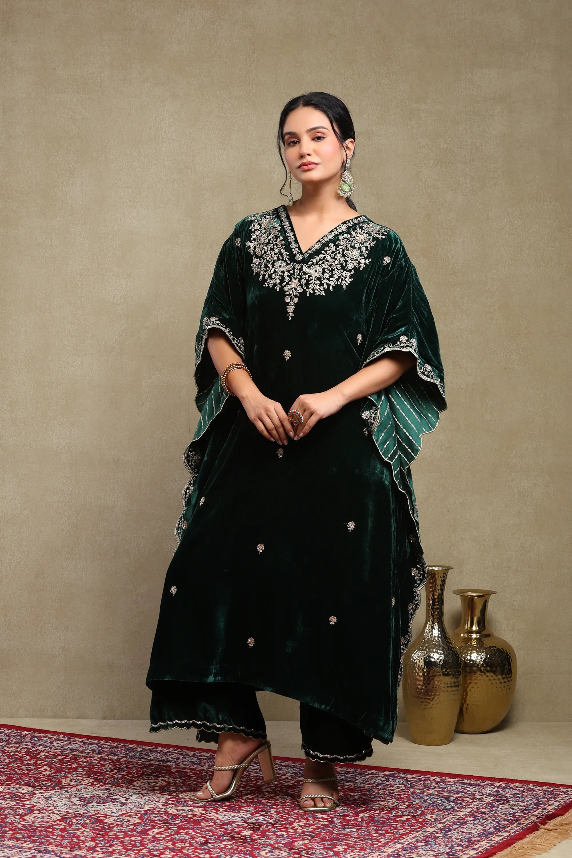 Zainab Forest Green Embroidered Silk Velvet Kaftan Set