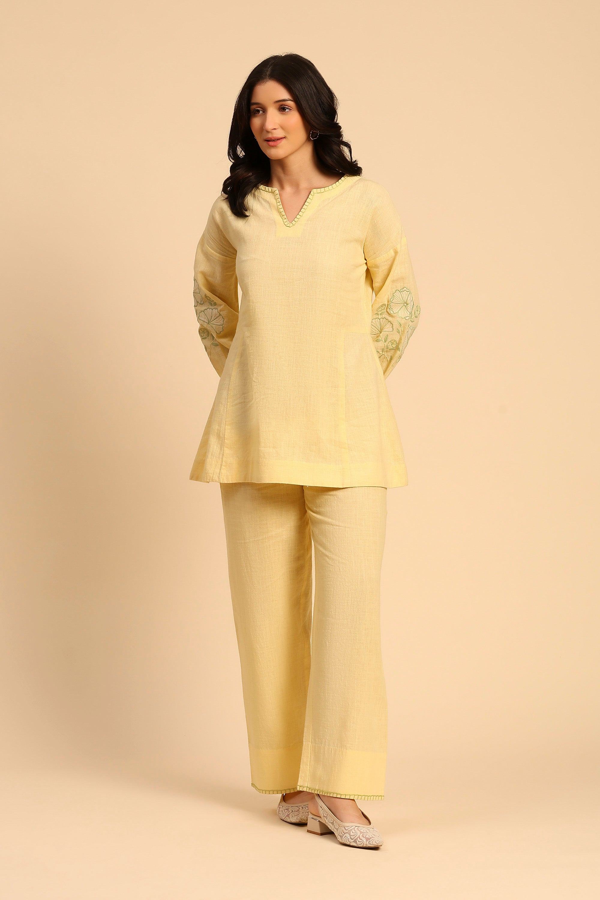 Alaya Yellow Embroidered Handcrafted Cotton Linen Co-ord Set