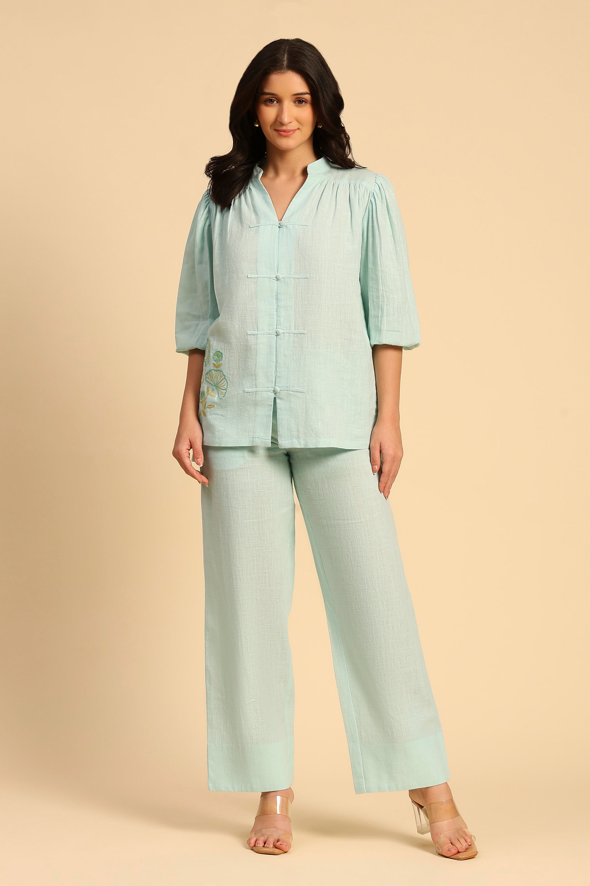 Daphne Blue Embroidered Cotton Linen Handcrafted Co-ord Set