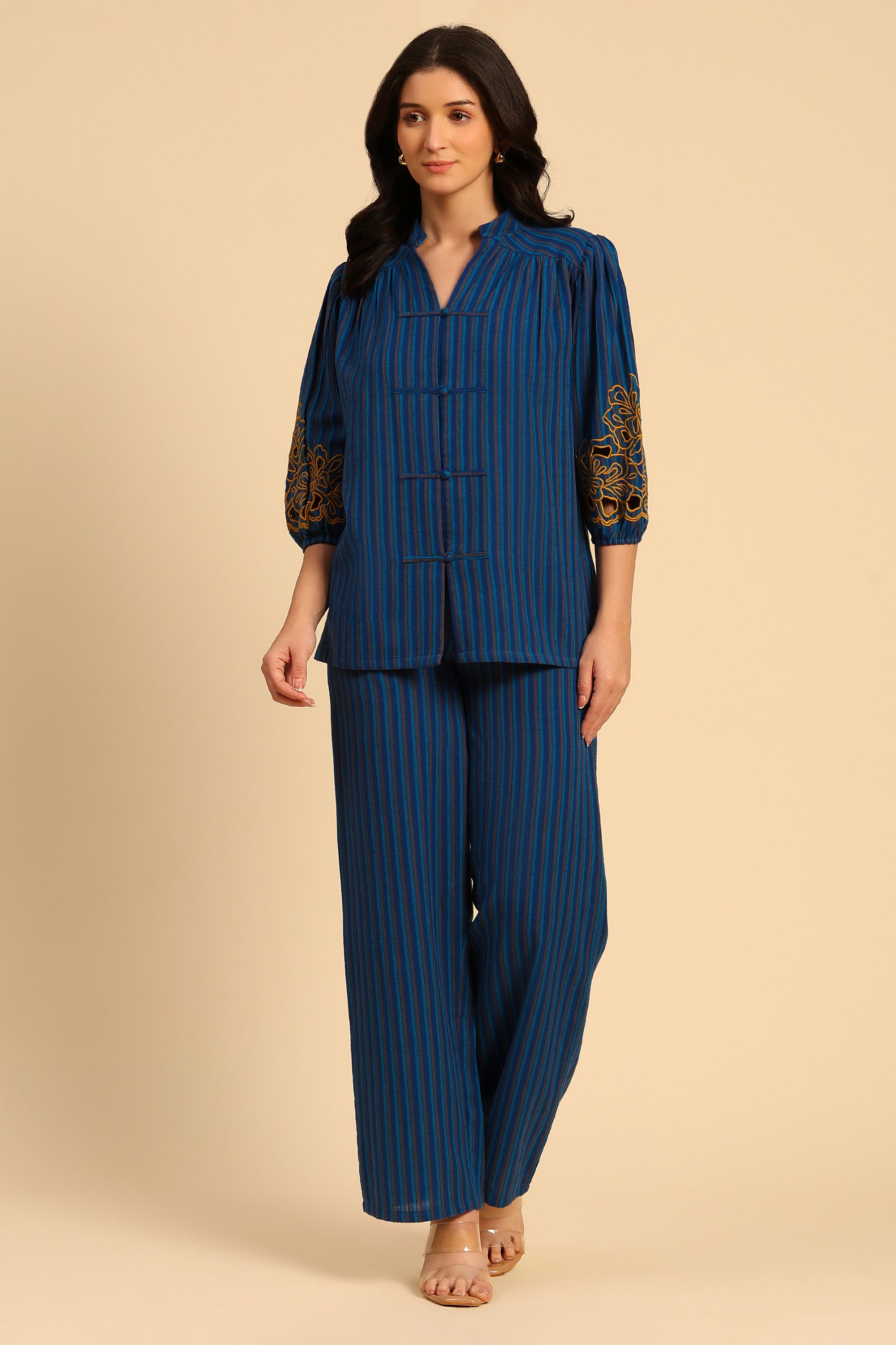 Sama Blue Embroidered Yarn Dyed Handcrafted Co-ord Set