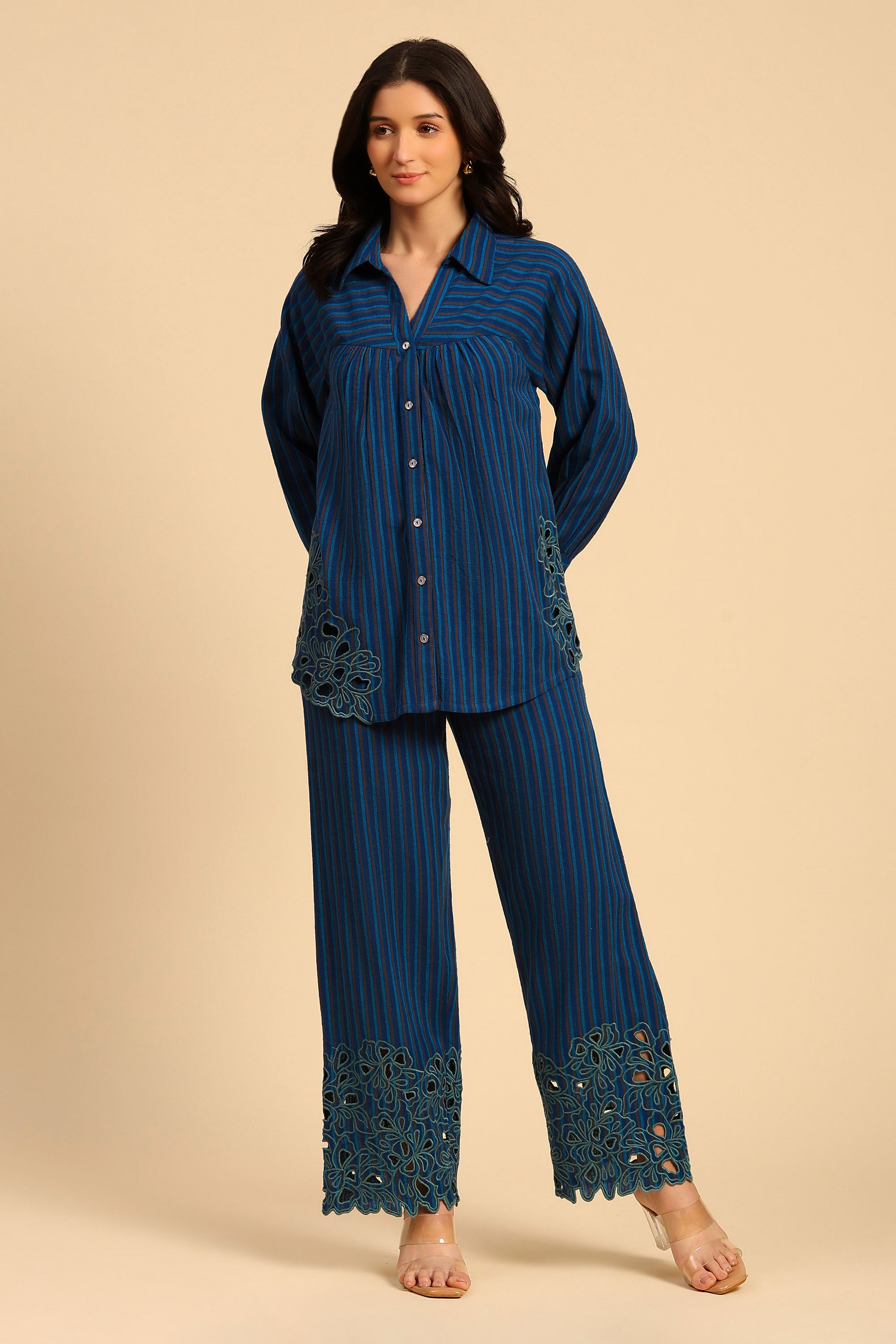 Avya Blue Embroidered Yarn Dyed Handcrafted Co-ord Set