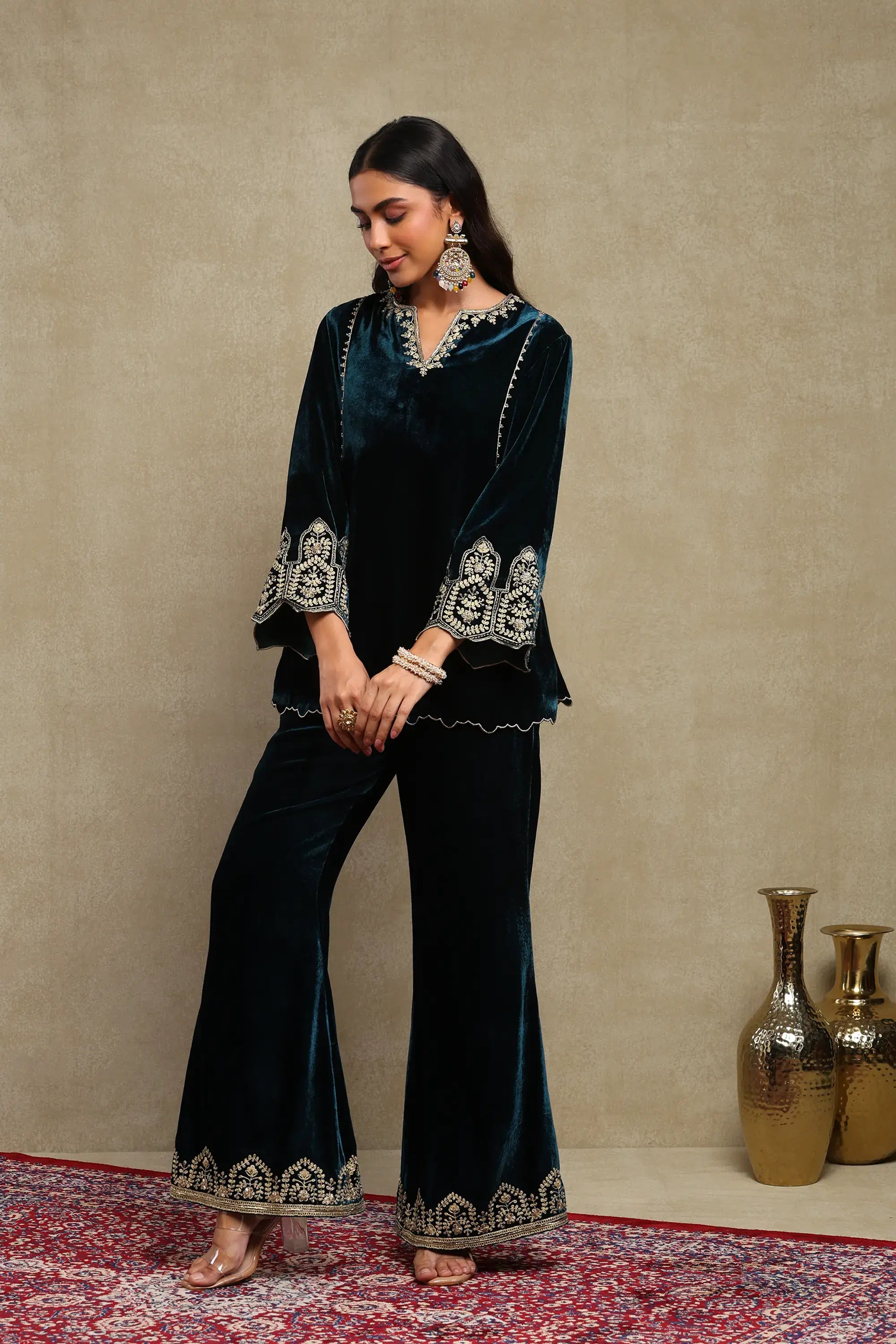 Rida Midnight Blue Hand Embroidered Silk Velvet Co-Ord Set