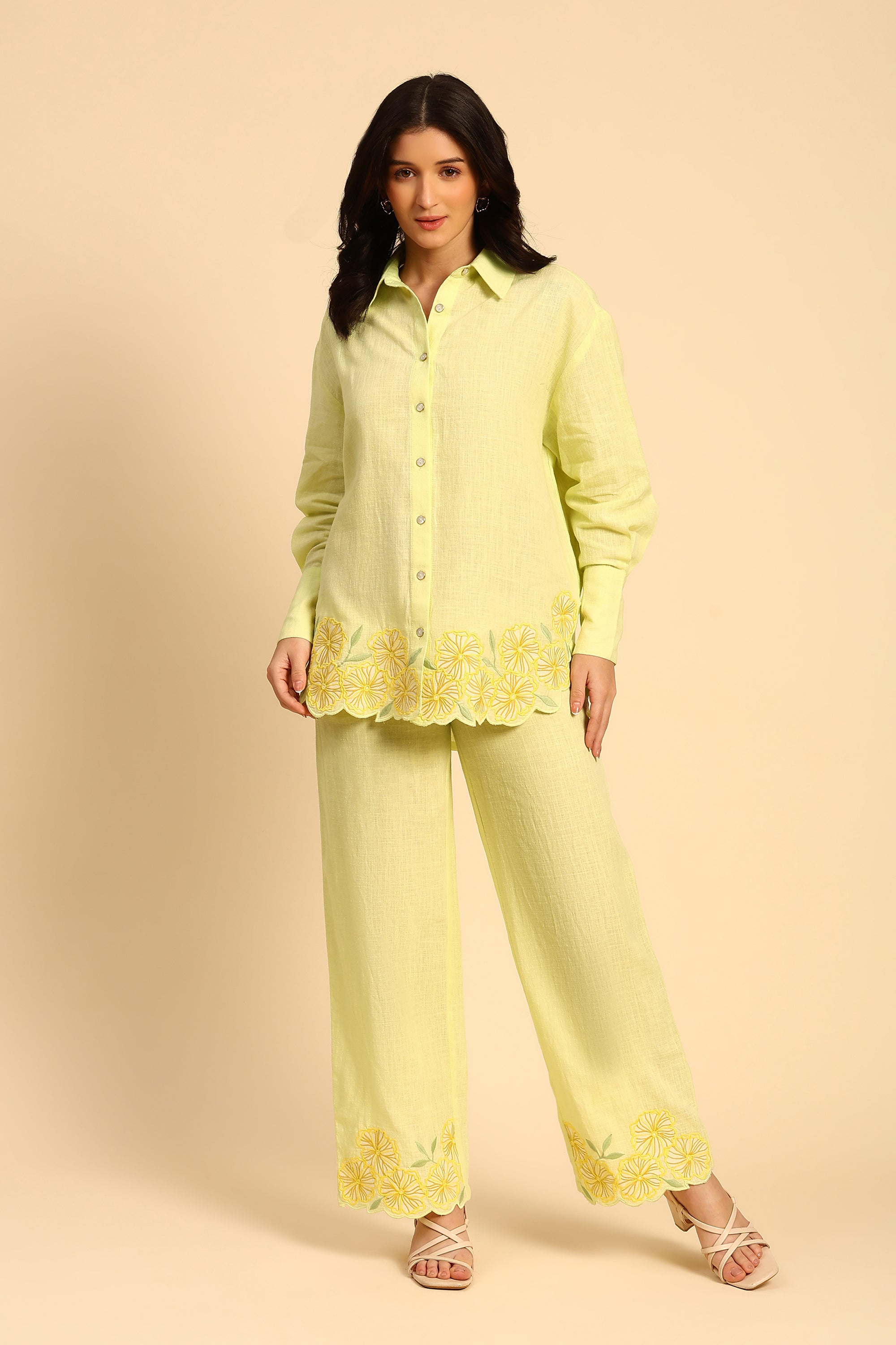 Niya Green Embroidered Handcrafted Cotton Linen Co-ord Set