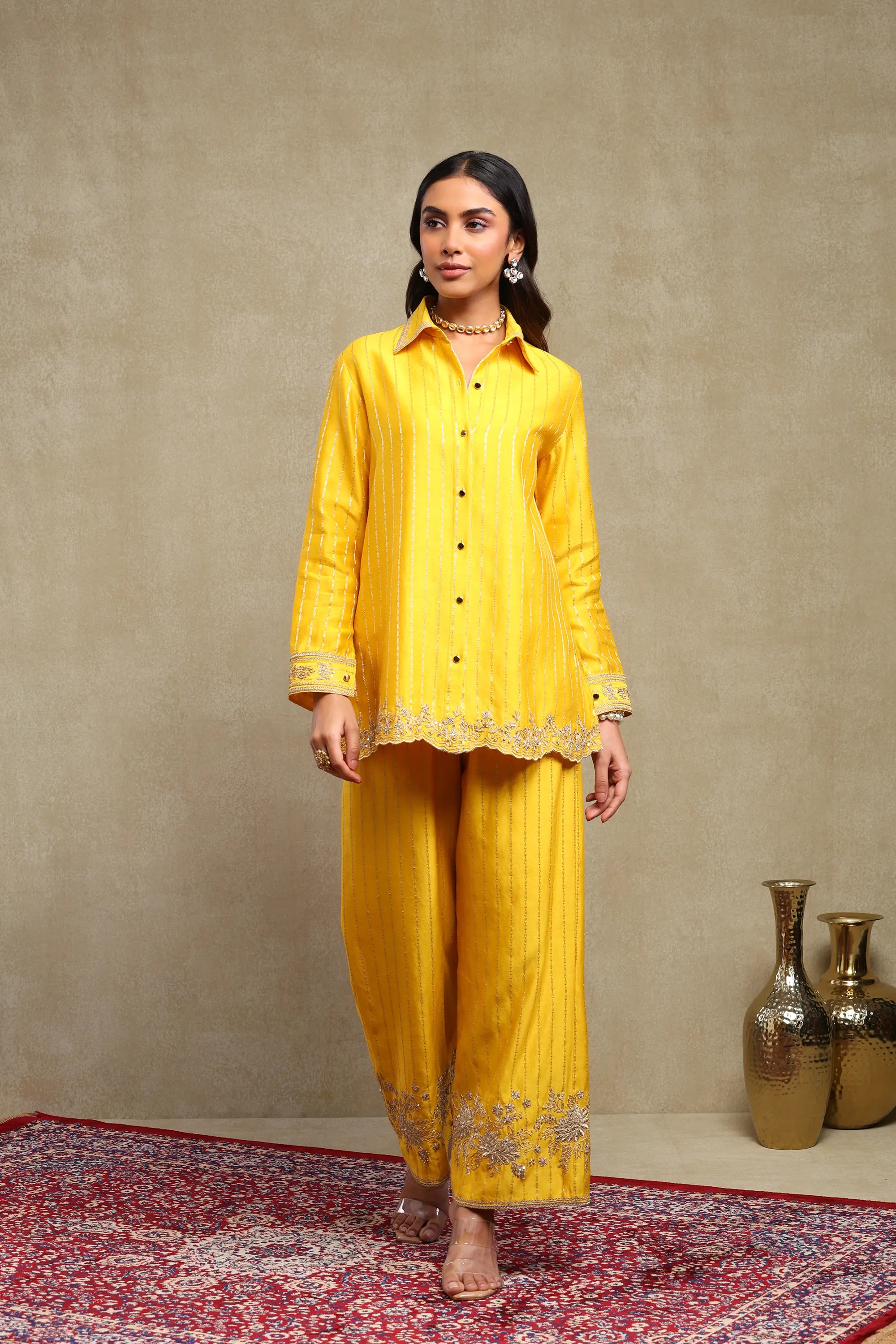 Aarvi Mango Yellow Hand Embroidered Banarasi Zari Co-Ord Set