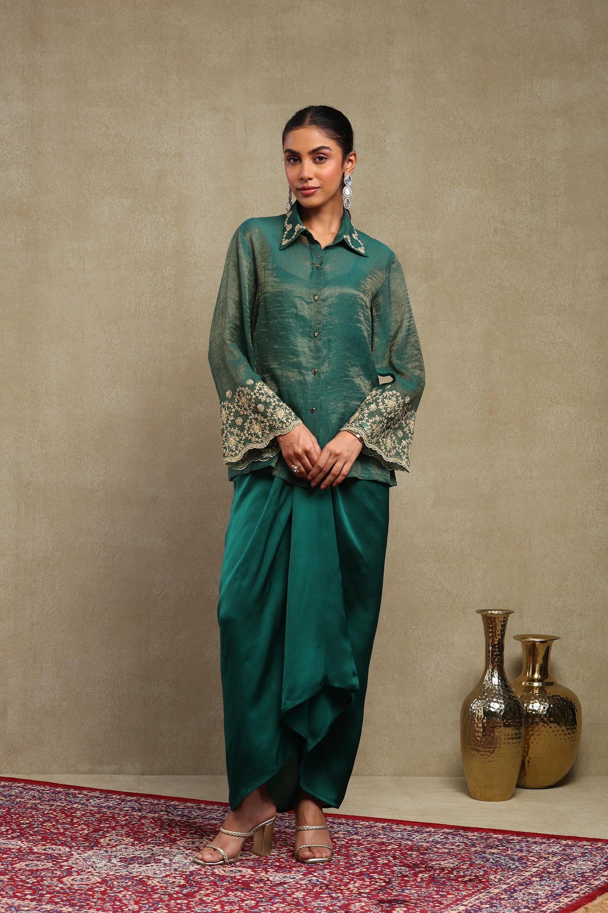 Elina Emerald Green Hand Embroidered Tissue Chanderi and Satin Skirt Set