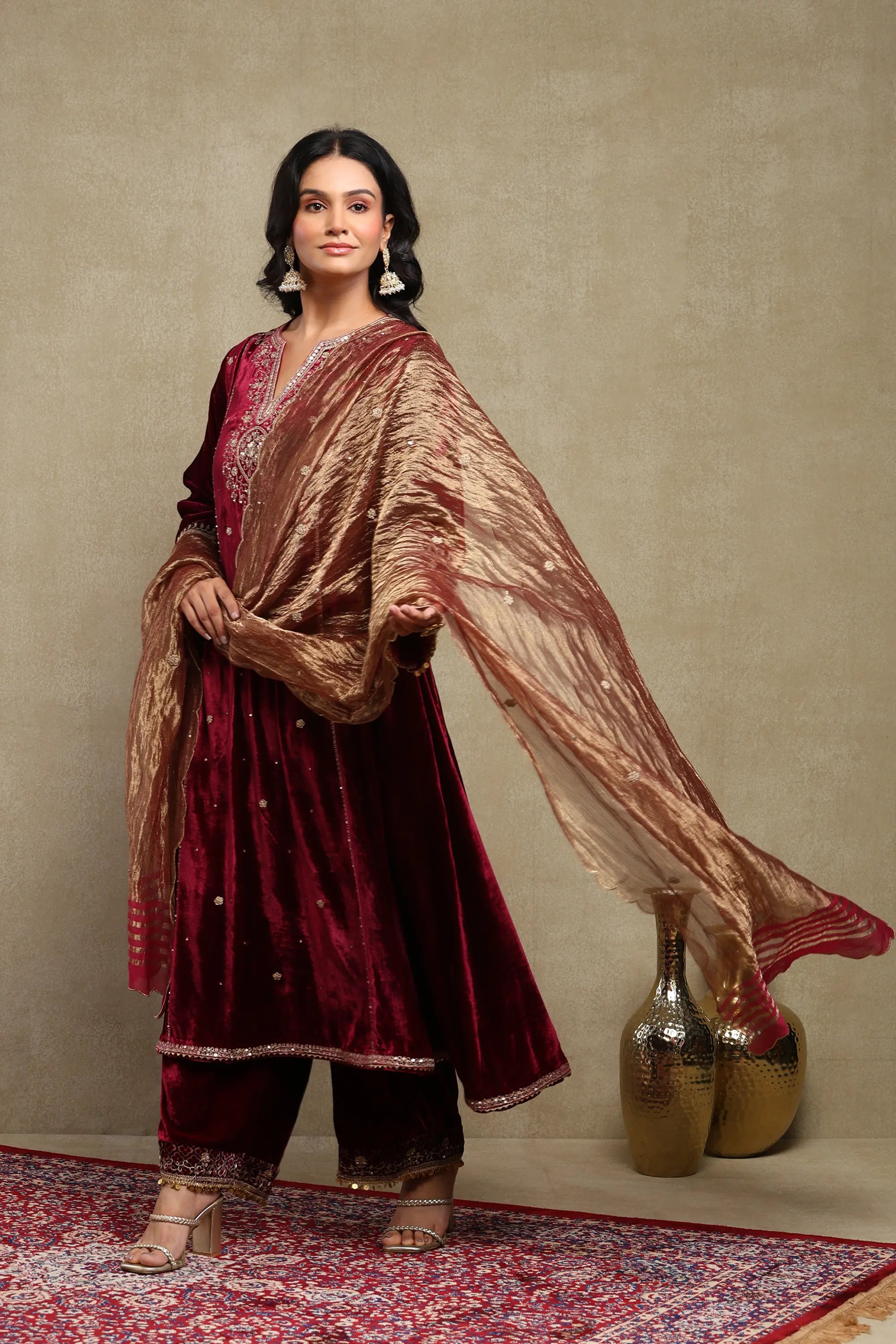 Sahira Plum Embroidered Silk Velvet A-Line Kurta Set