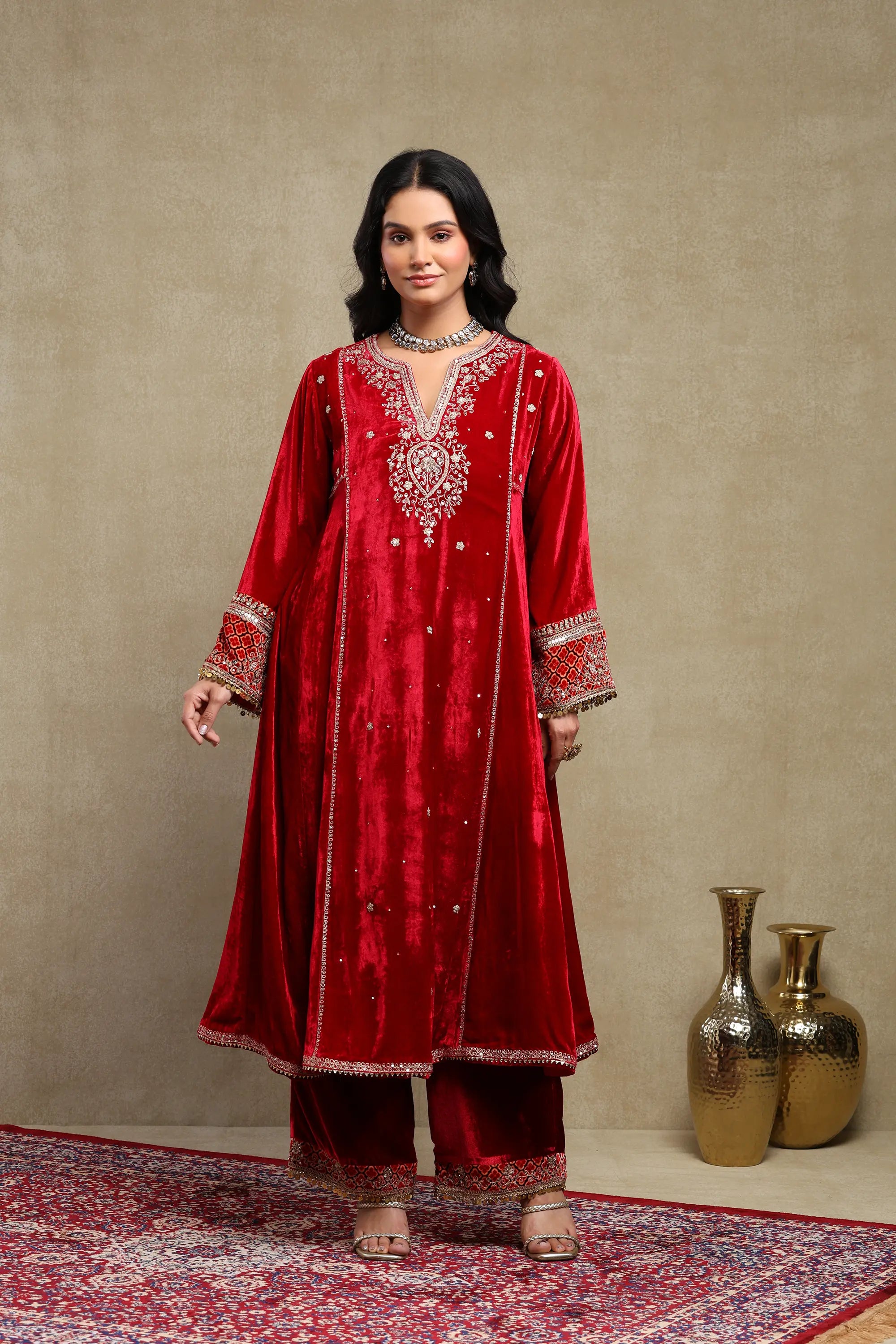 Sahira Cherry Red Embroidered Silk Velvet A-Line Kurta Set