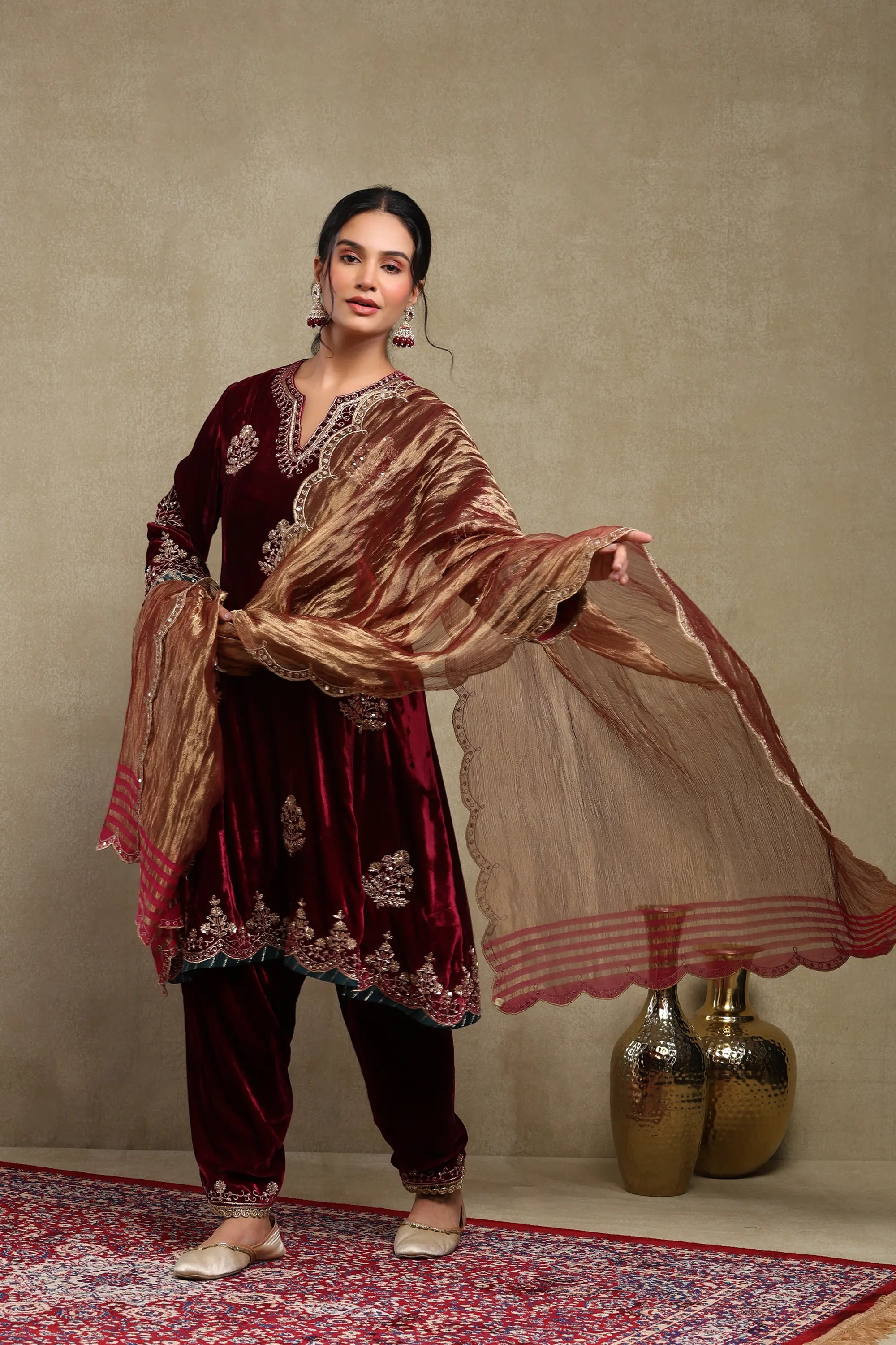 Dilruba Plum Embroidered Silk Velvet Kurta Set