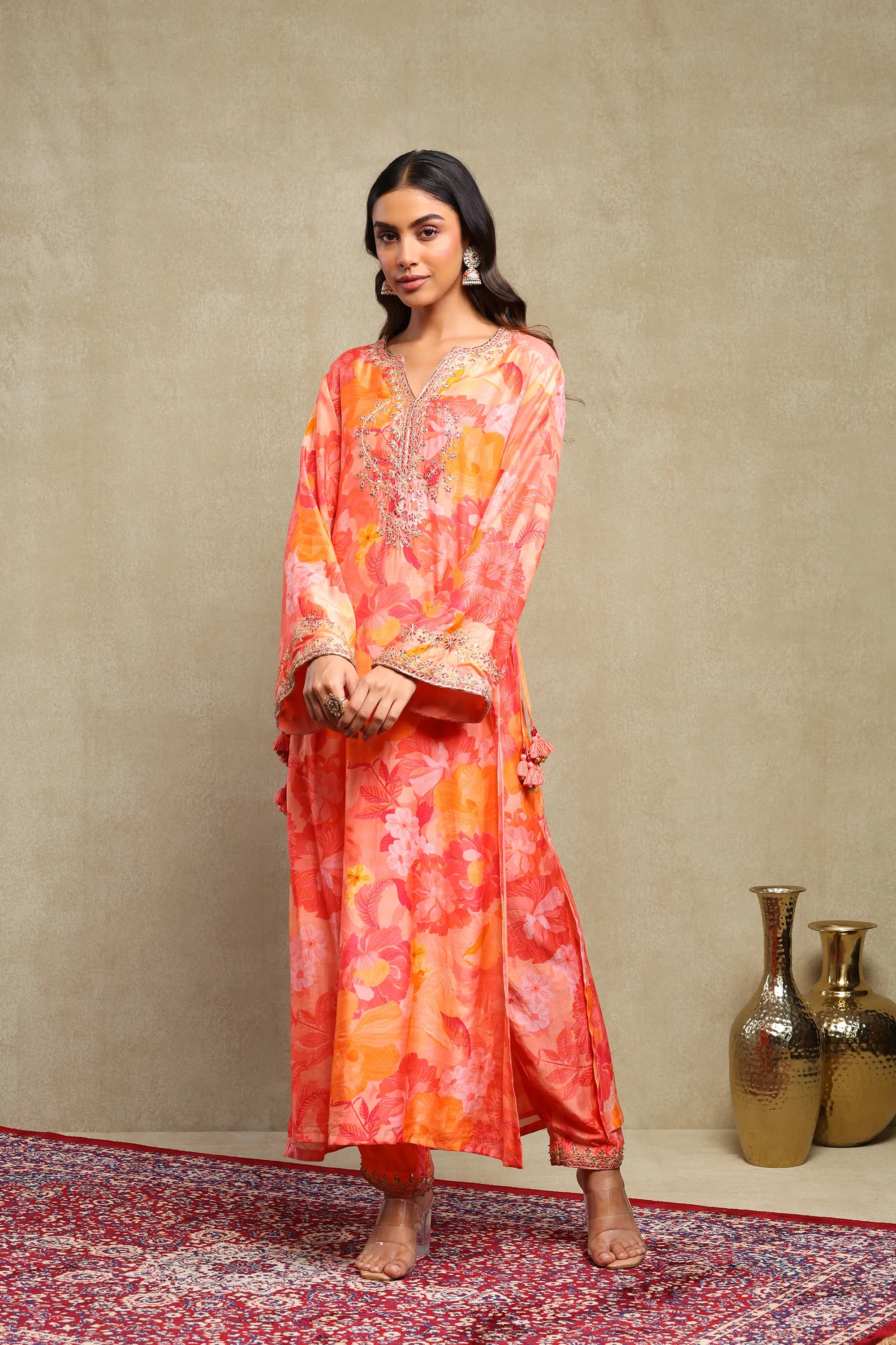 Lily Red & Orange Floral Printed Hand Embroidered Silky Modal Kaftan Set