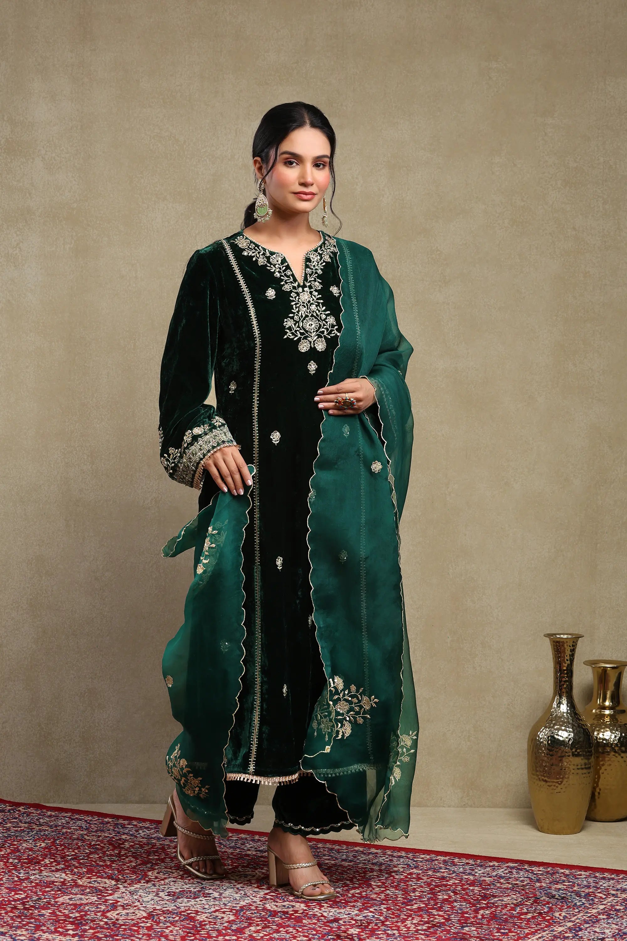 Leena Forest Green Embroidered Silk Velvet Handcrafted Kurta Set