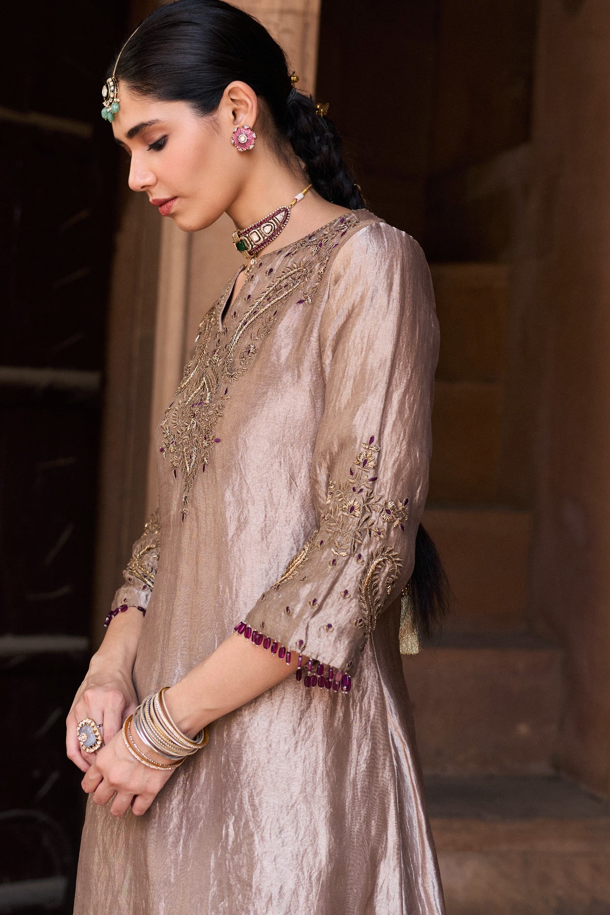 KHWAAB SILK TISSUE HANDCRAFTED SILVER A-LINE KURTA SET