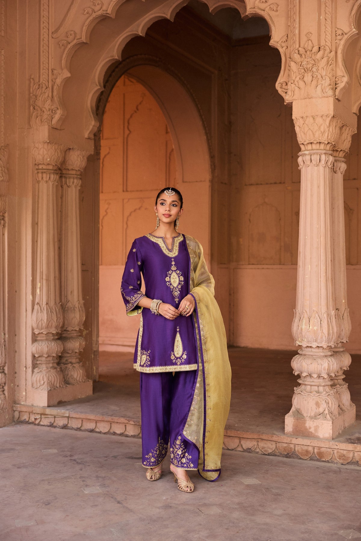 SHAHEEN SILK CHANDERI HANDCRAFTED PURPLE KURTA SET WITH FARSHI SALWAR