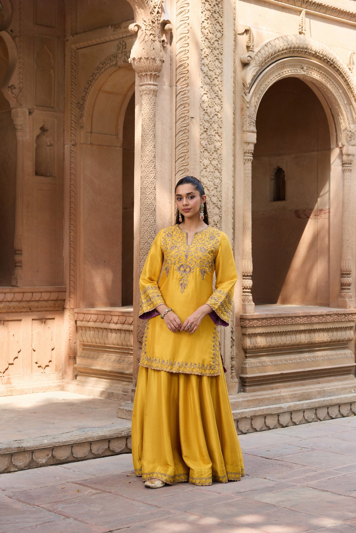 GHAZAL PURE SILK HANDCRAFTED YELLOW KURTA SET WITH SHARARA