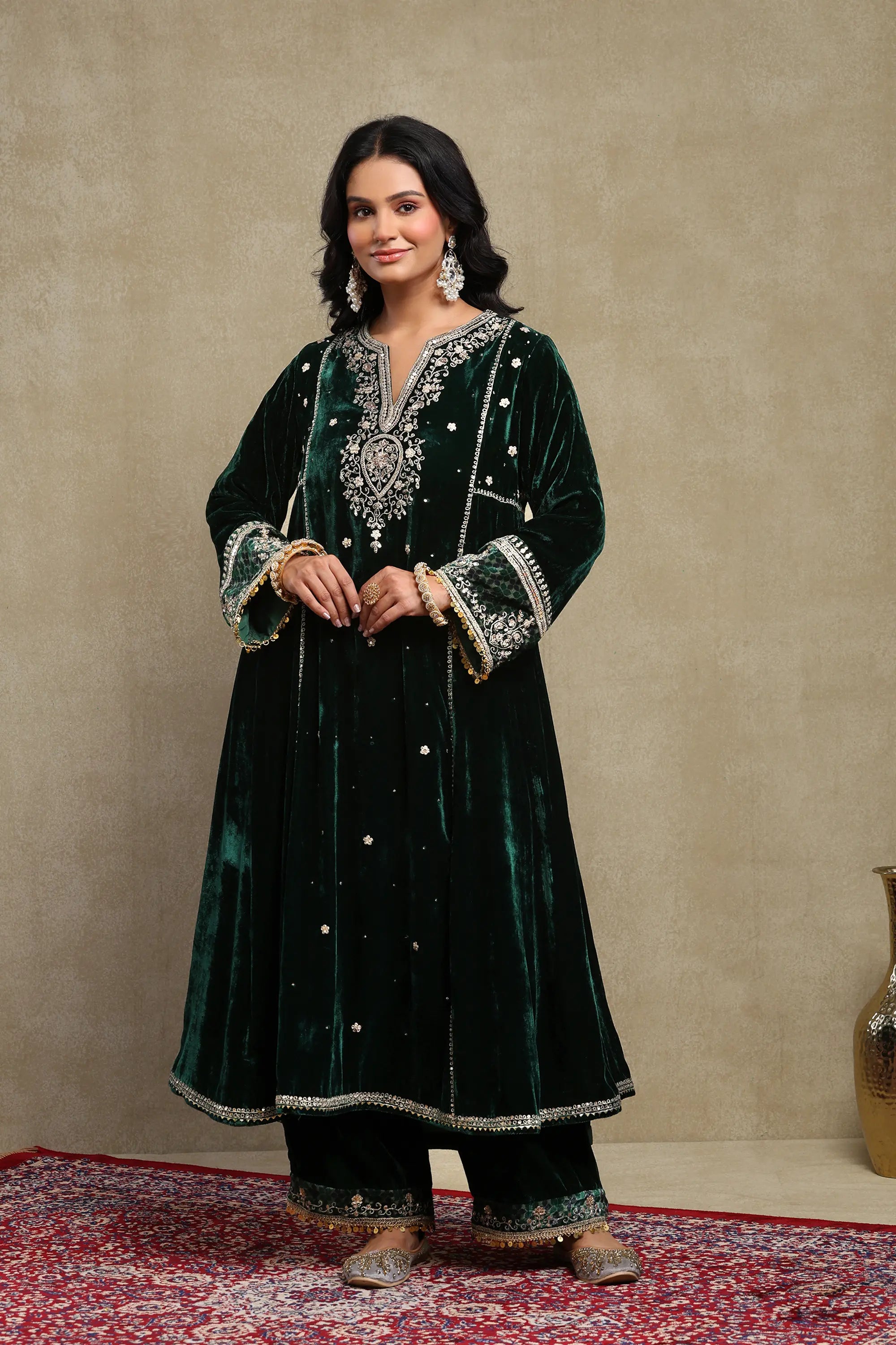 Sahira Forest Green Embroidered Silk Velvet A-Line Kurta Set