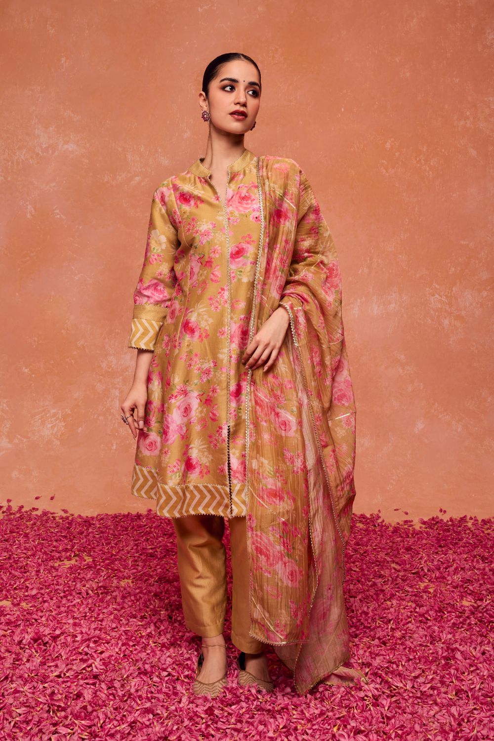 GULNAZ OLIVE FLORAL PRINTED SILK CHANDERI KURTA SET