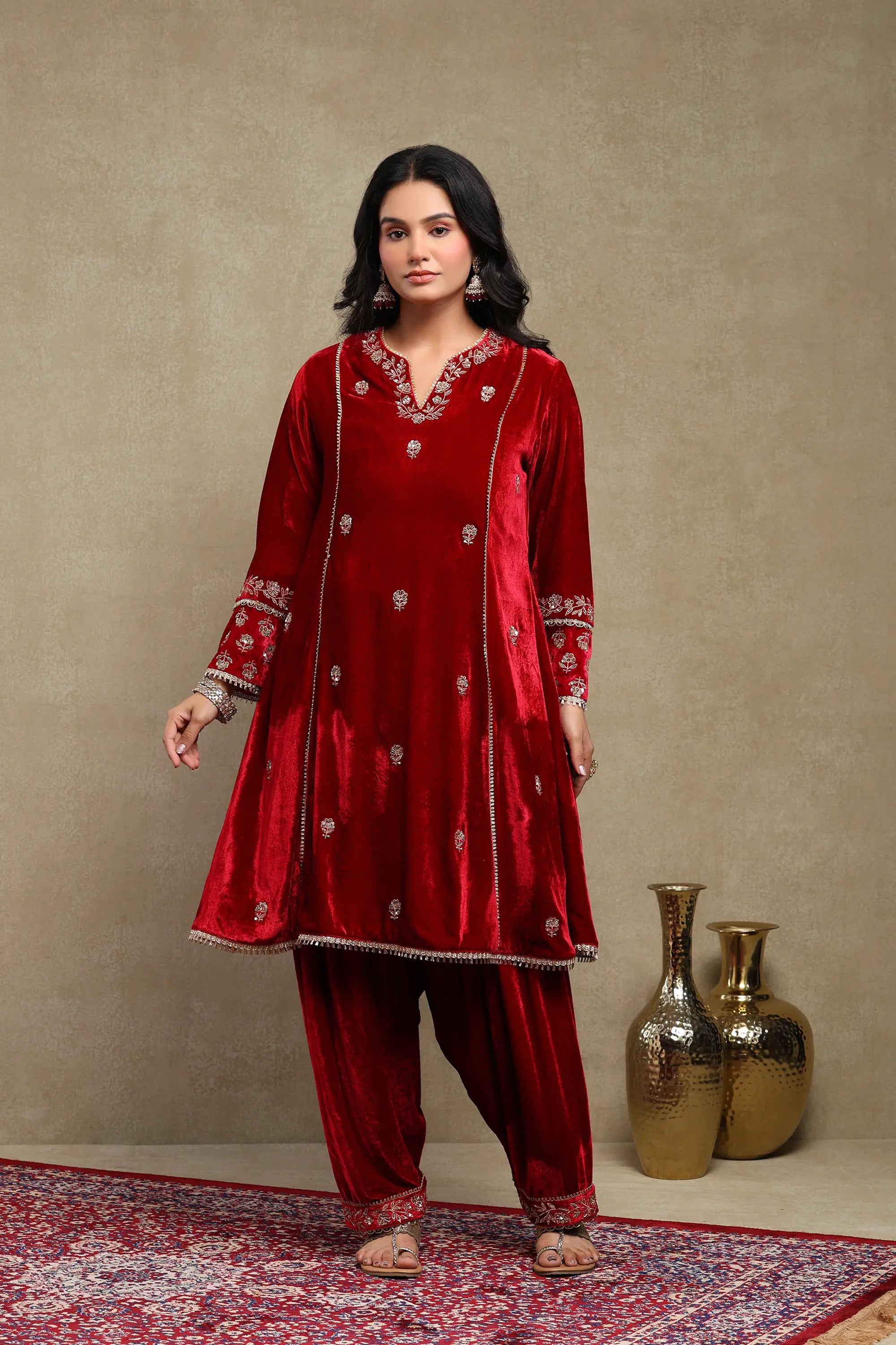 Raabta Cherry Red Embroidered Silk Velvet Kurta Set
