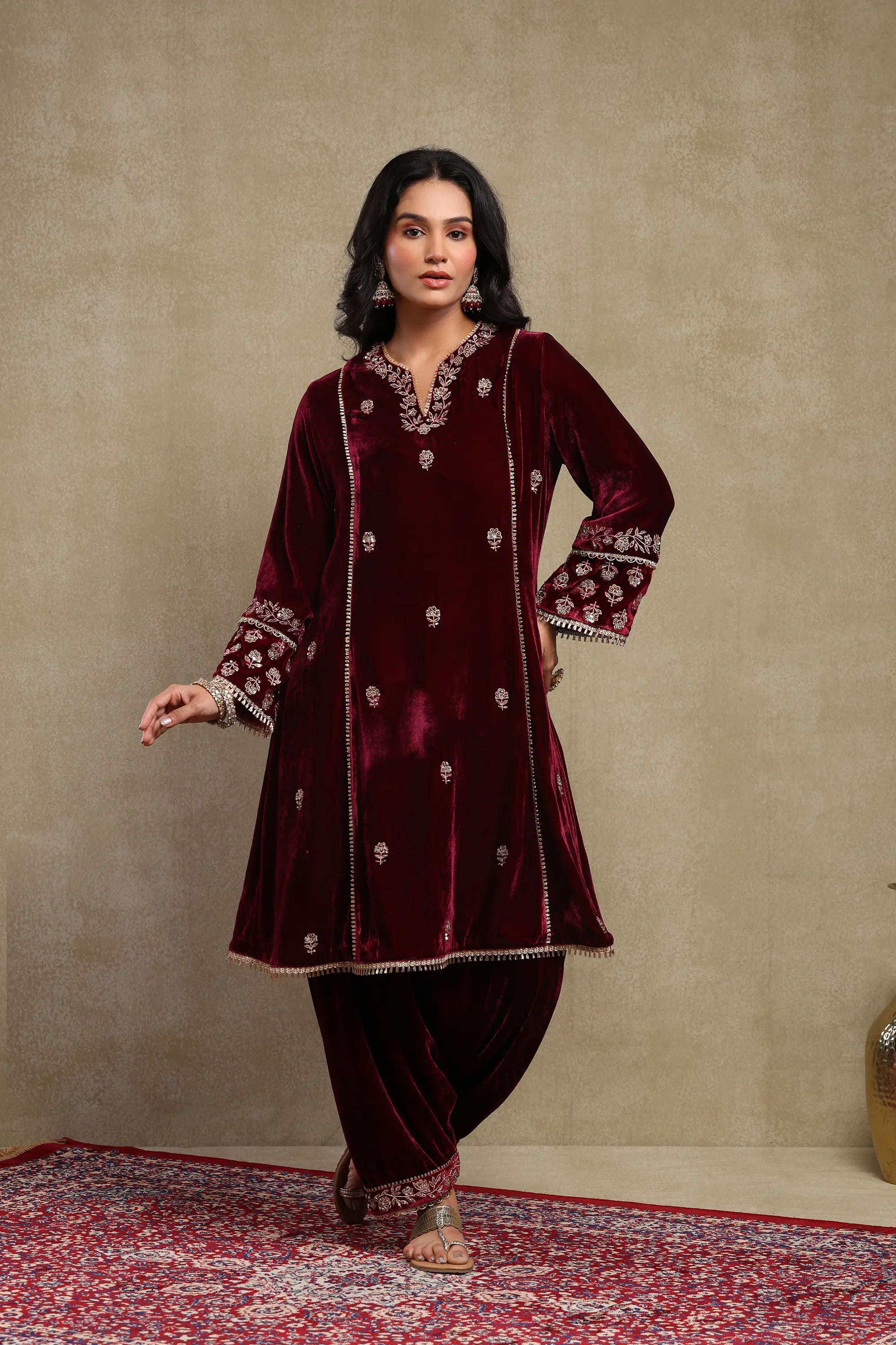 Raabta Plum Embroidered Silk Velvet Kurta Set