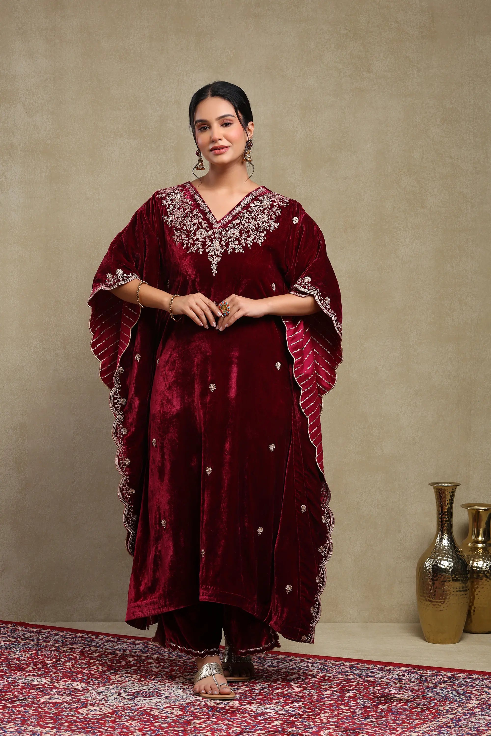 Zainab Plum Embroidered Silk Velvet Kaftan Set