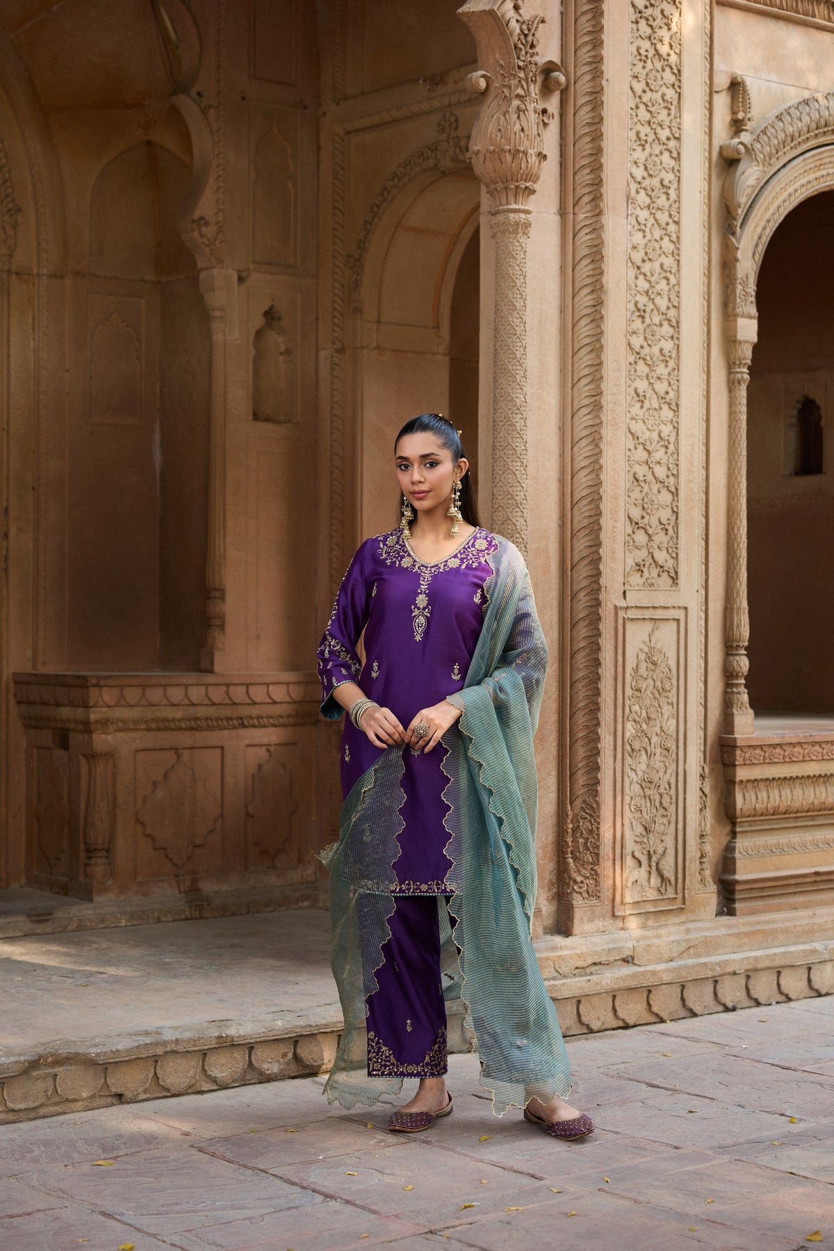 ASMI SILK CHANDERI HANDCRAFTED PURPLE STRAIGHT KURTA SET