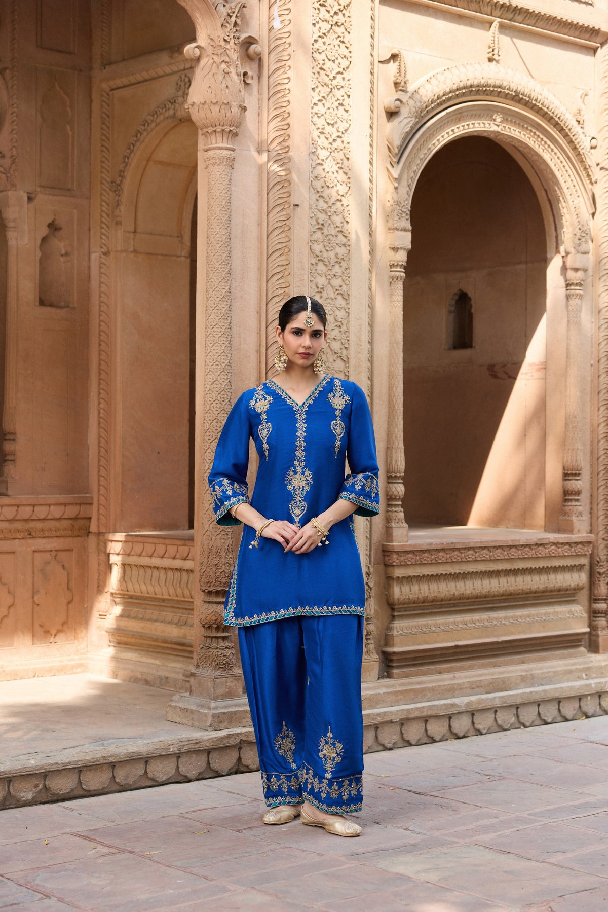 MEHRUNISA PURE SILK HANDCRAFTED ROYAL BLUE KURTA SET WITH FARSHI SALWAR