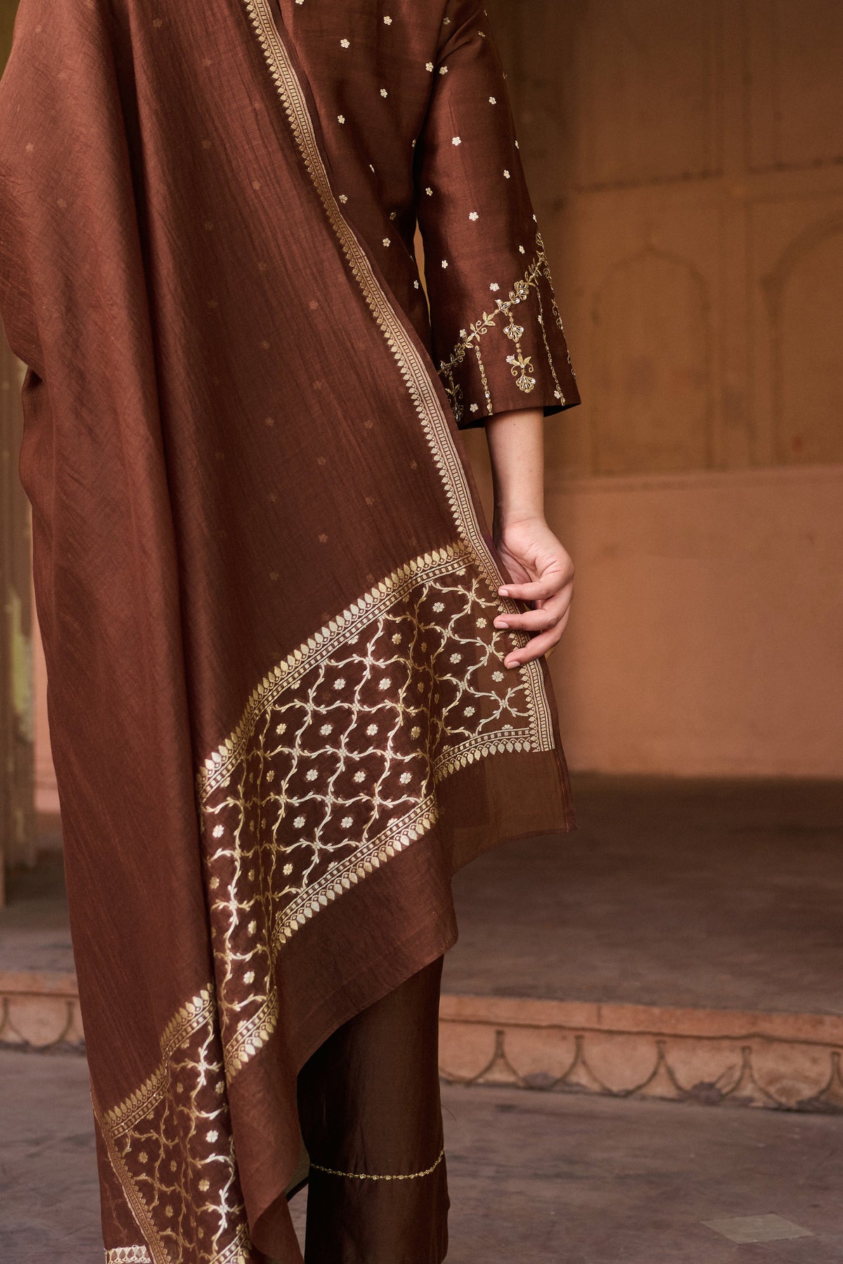 VEDA BANARASI CHANDERI JACQUARD HANDCRAFTED STRAIGHT MOCHA MOUSE KURTA SET