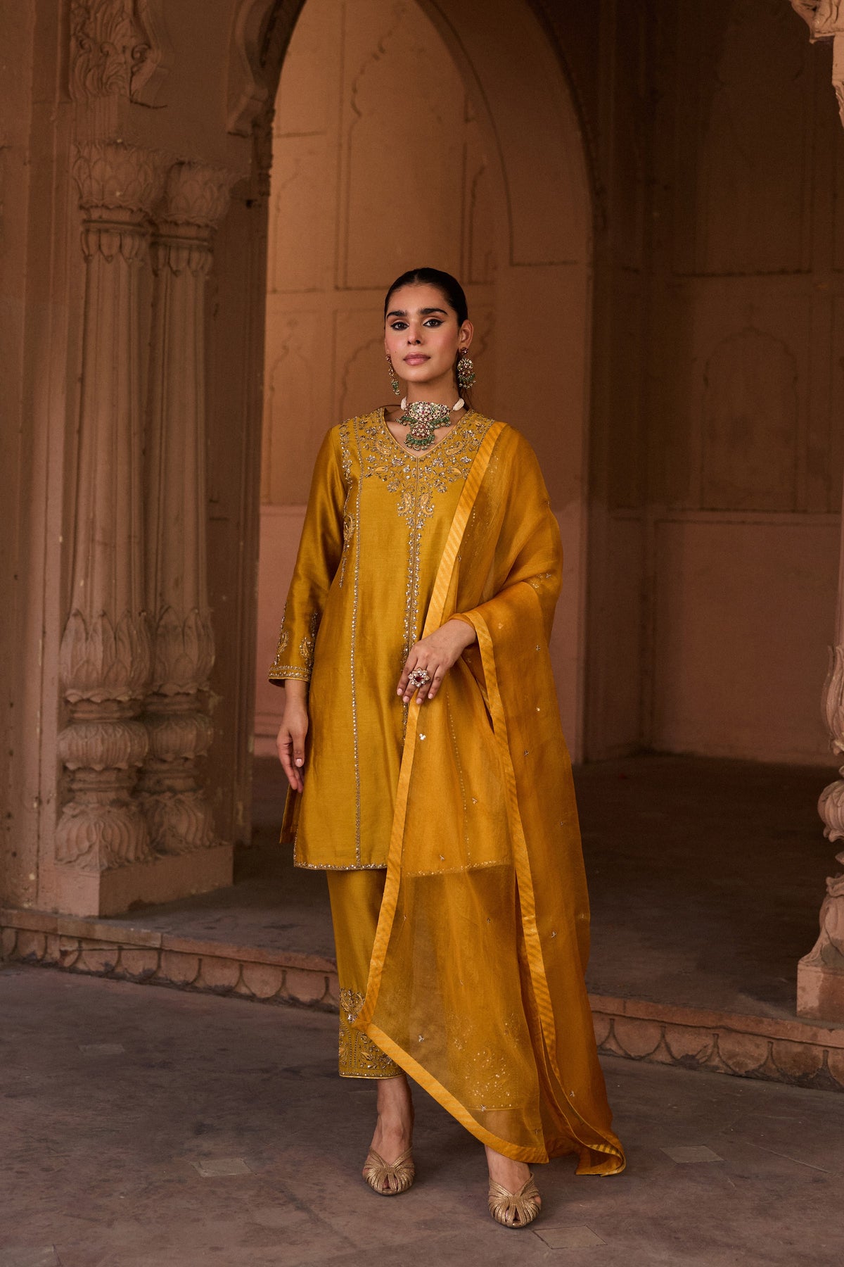 RAAGINI SILK CHANDERI HANDCRAFTED MUSTARD STRAIGHT KURTA SET