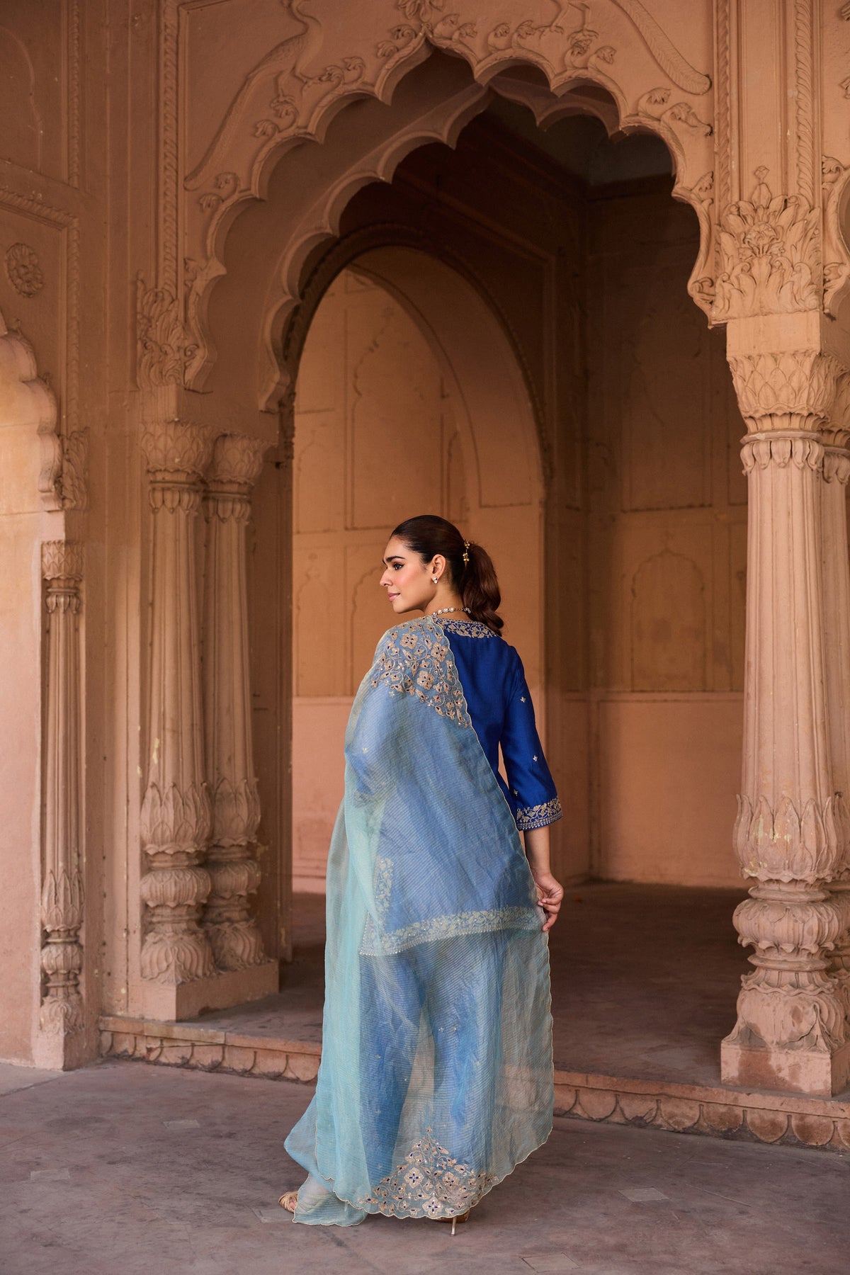 REET SILK CHANDERI HANDCRAFTED ROYAL BLUE KURTA SET WITH FARSHI SALWAR