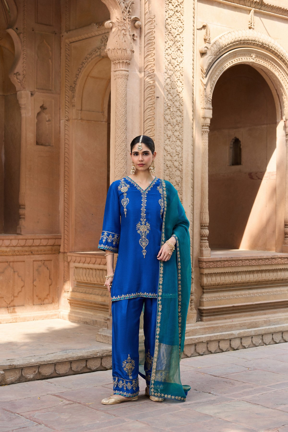 MEHRUNISA PURE SILK HANDCRAFTED ROYAL BLUE KURTA SET WITH FARSHI SALWAR