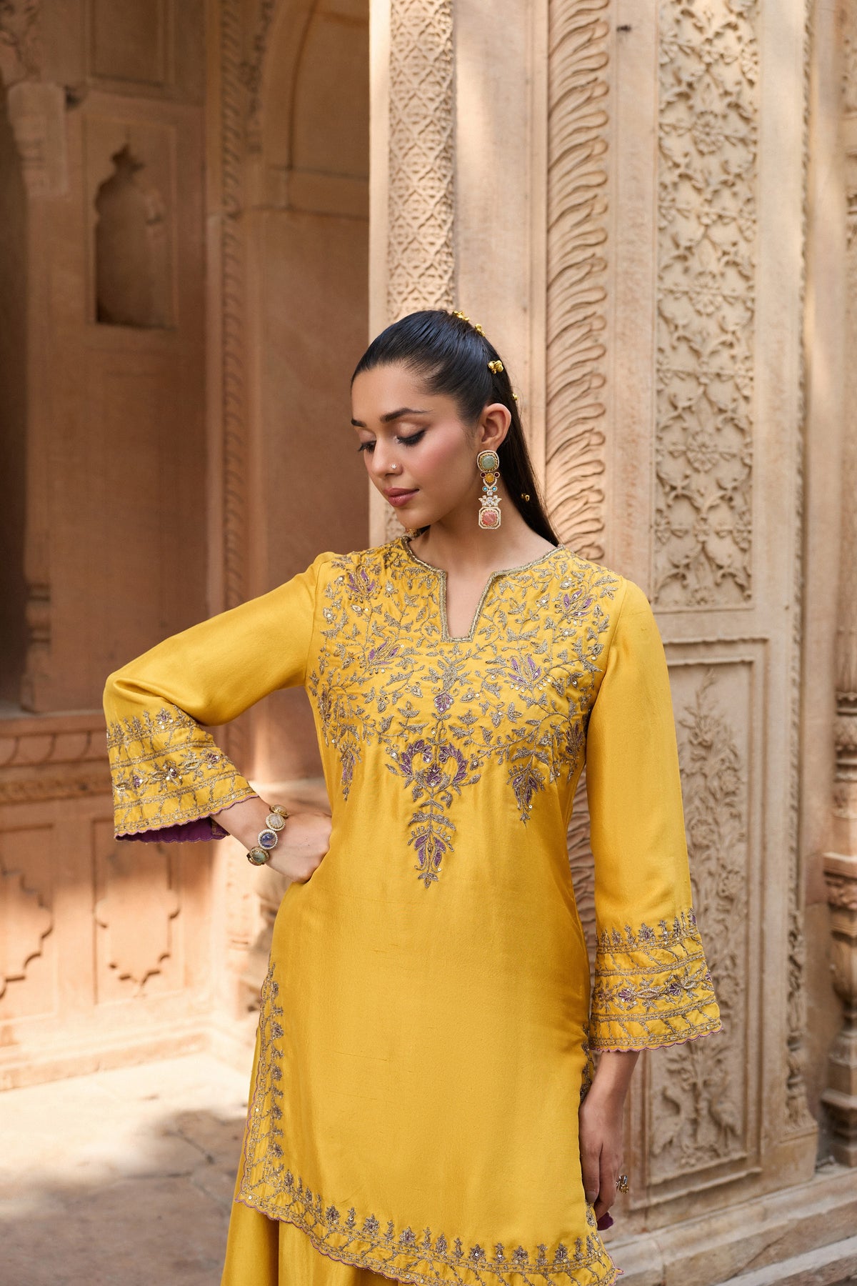 GHAZAL PURE SILK HANDCRAFTED YELLOW KURTA SET WITH SHARARA