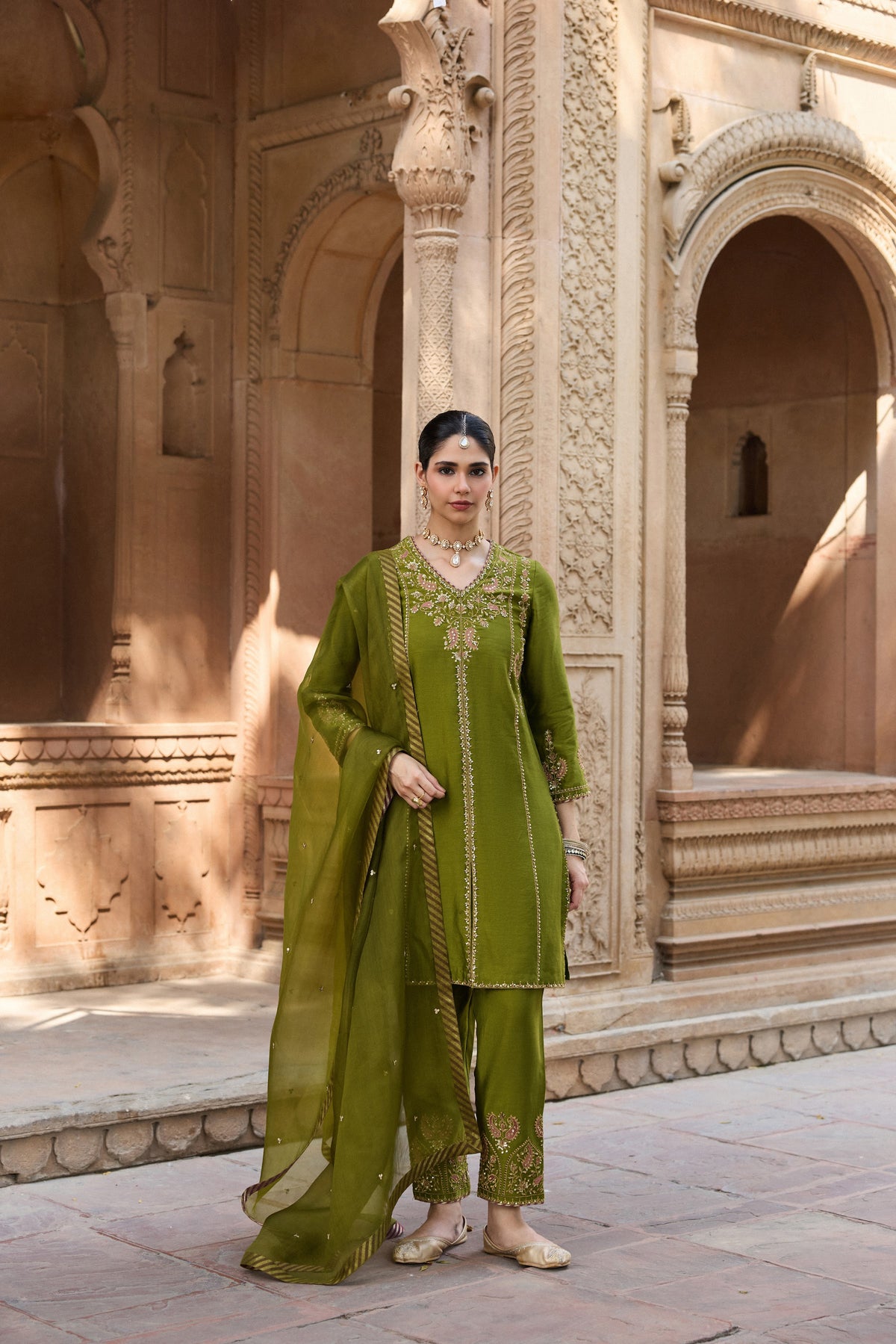 RAAGINI SILK CHANDERI HANDCRAFTED OLIVE GREEN STRAIGHT KURTA SET