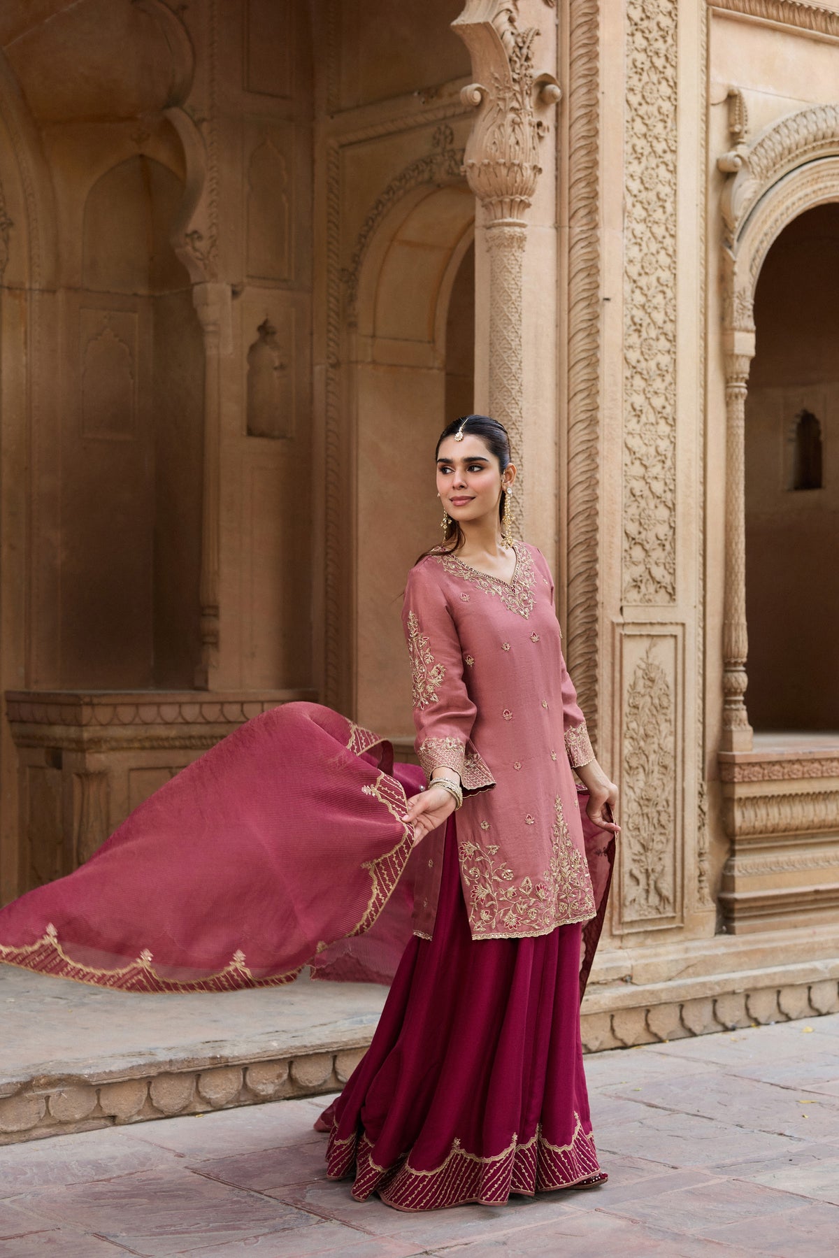 MASTANI PURE DUPION SILK HANDCRAFTED PINK KURTA SET WITH SHARARA