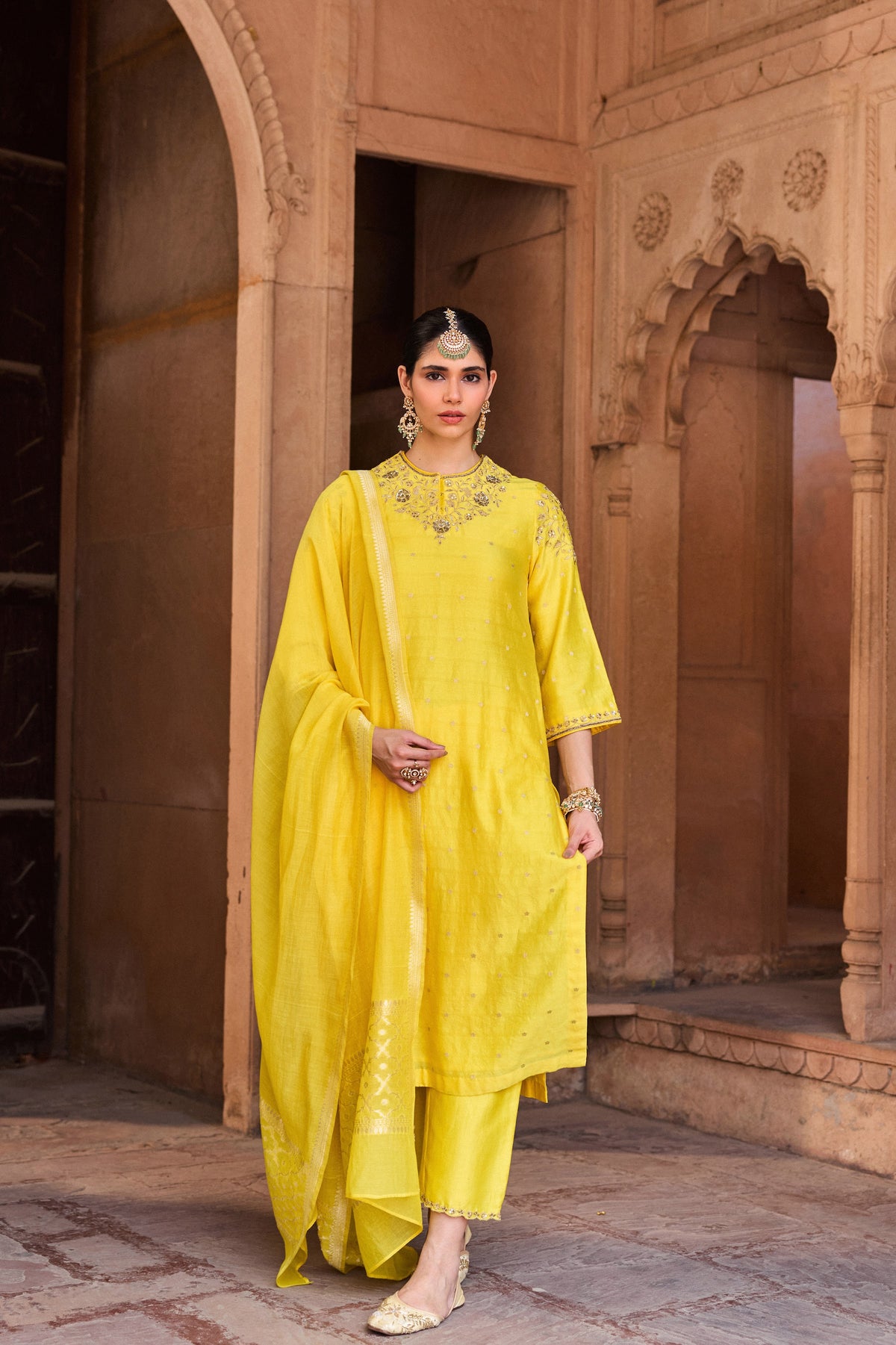 RUKMINI BANARASI CHANDERI JACQUARD HANDCRAFTED YELLOW STRAIGHT KURTA SET
