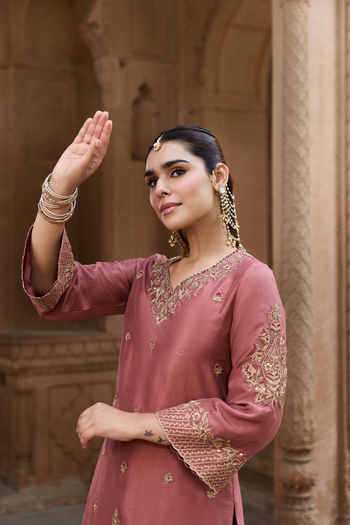 MASTANI PURE DUPION SILK HANDCRAFTED PINK KURTA SET WITH SHARARA
