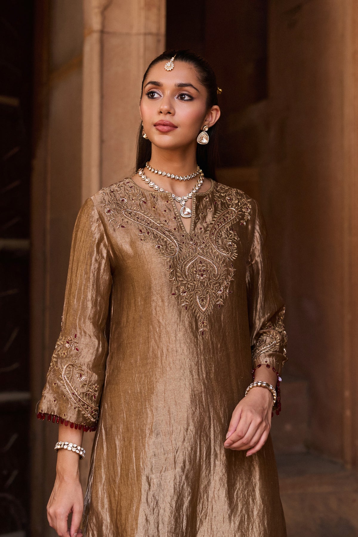 KHWAAB SILK TISSUE HANDCRAFTED GOLD A-LINE KURTA SET