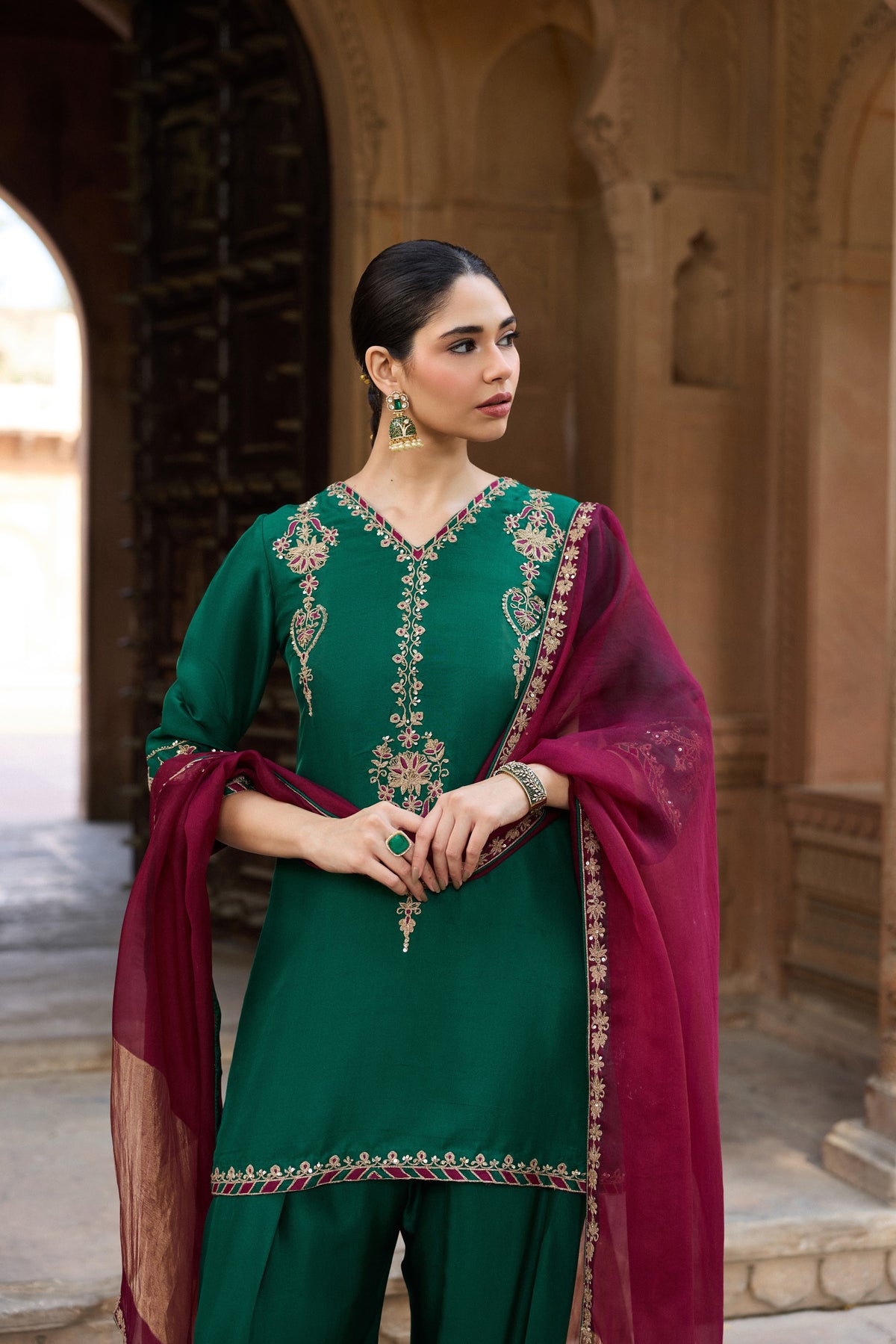 MEHRUNISA PURE SILK HANDCRAFTED EMERALD GREEN KURTA SET WITH FARSHI SALWAR