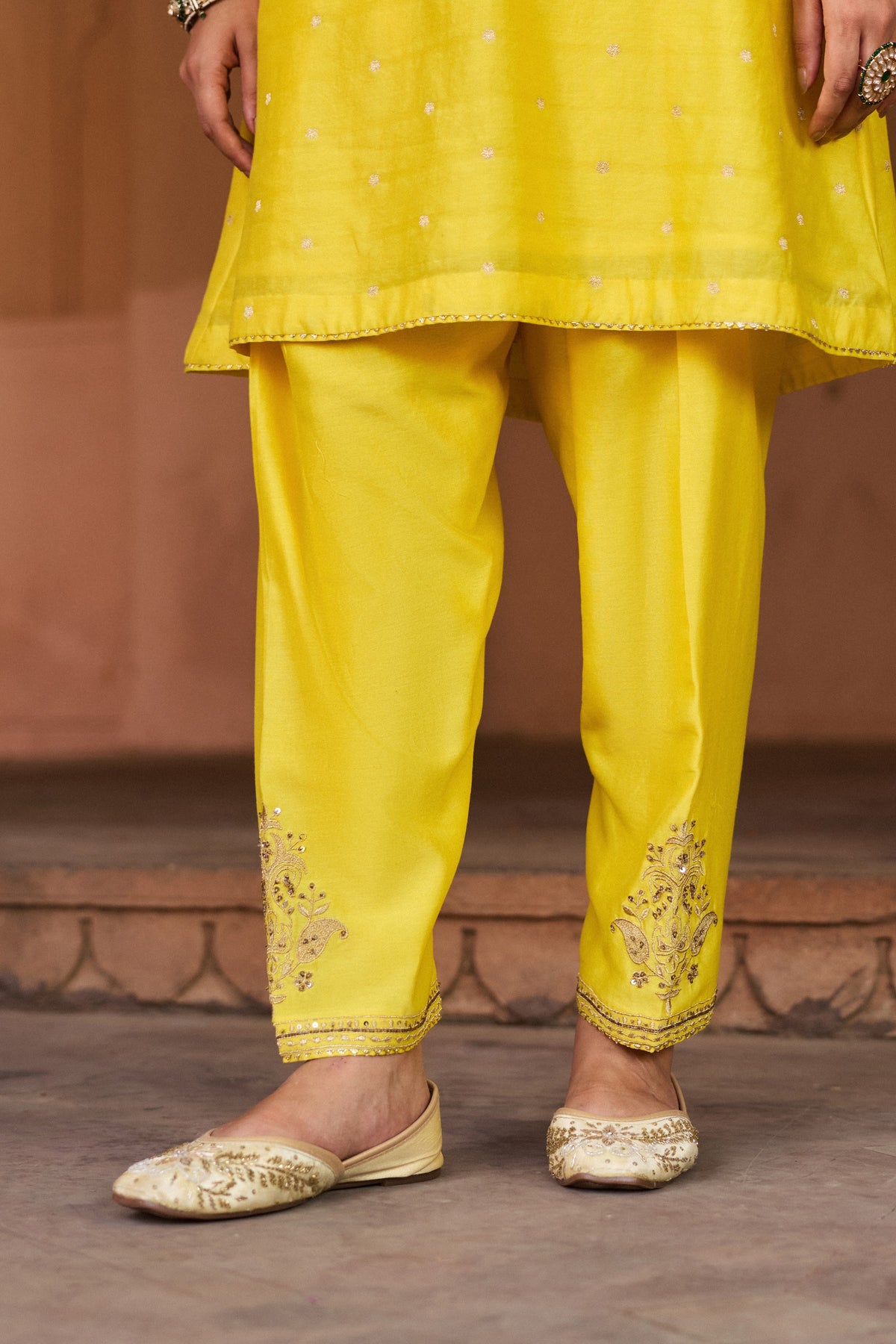 GAUHAR BANARASI SILK CHANDERI JACQUARD HANDCRAFTED YELLOW A-LINE KURTA SET