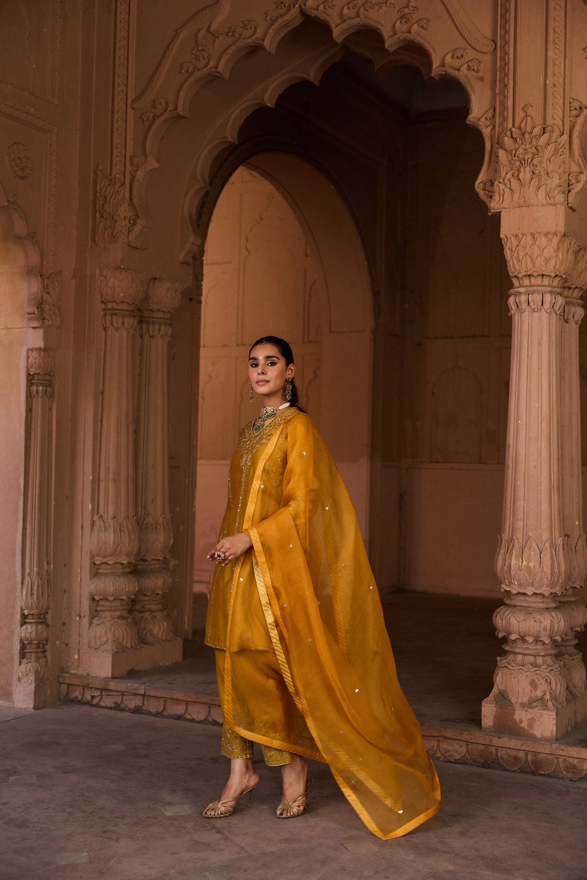 RAAGINI SILK CHANDERI HANDCRAFTED MUSTARD STRAIGHT KURTA SET