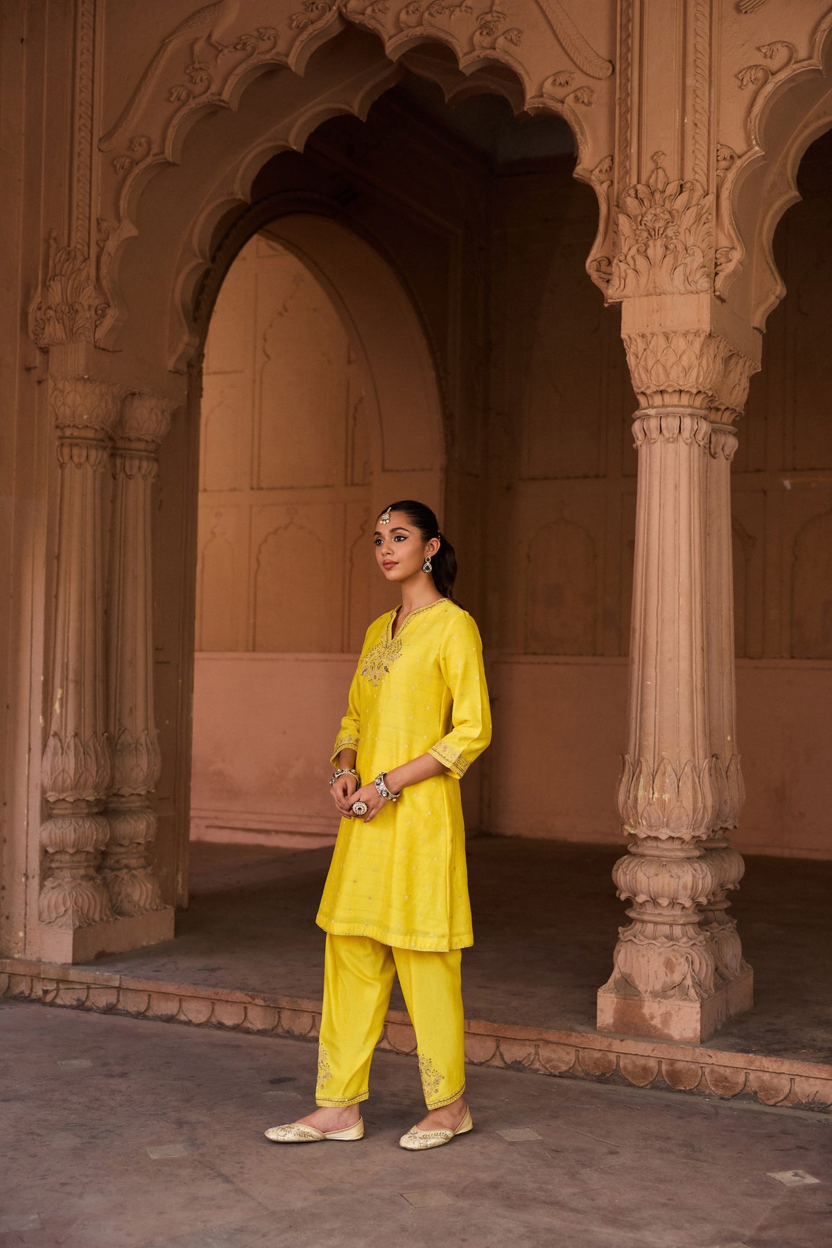 GAUHAR BANARASI SILK CHANDERI JACQUARD HANDCRAFTED YELLOW A-LINE KURTA SET
