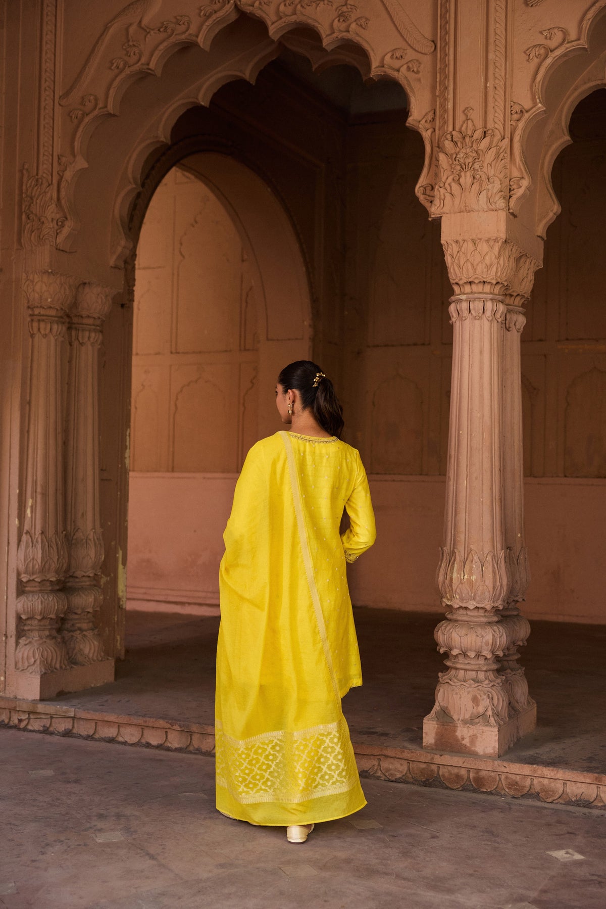 GAUHAR BANARASI SILK CHANDERI JACQUARD HANDCRAFTED YELLOW A-LINE KURTA SET