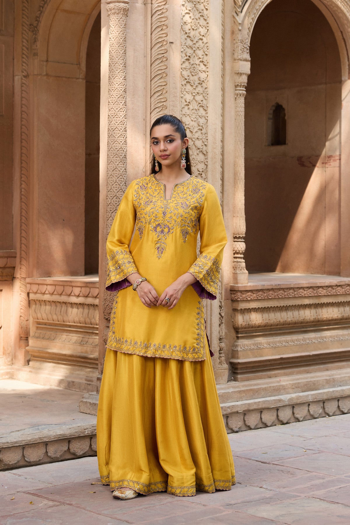 GHAZAL PURE SILK HANDCRAFTED YELLOW KURTA SET WITH SHARARA
