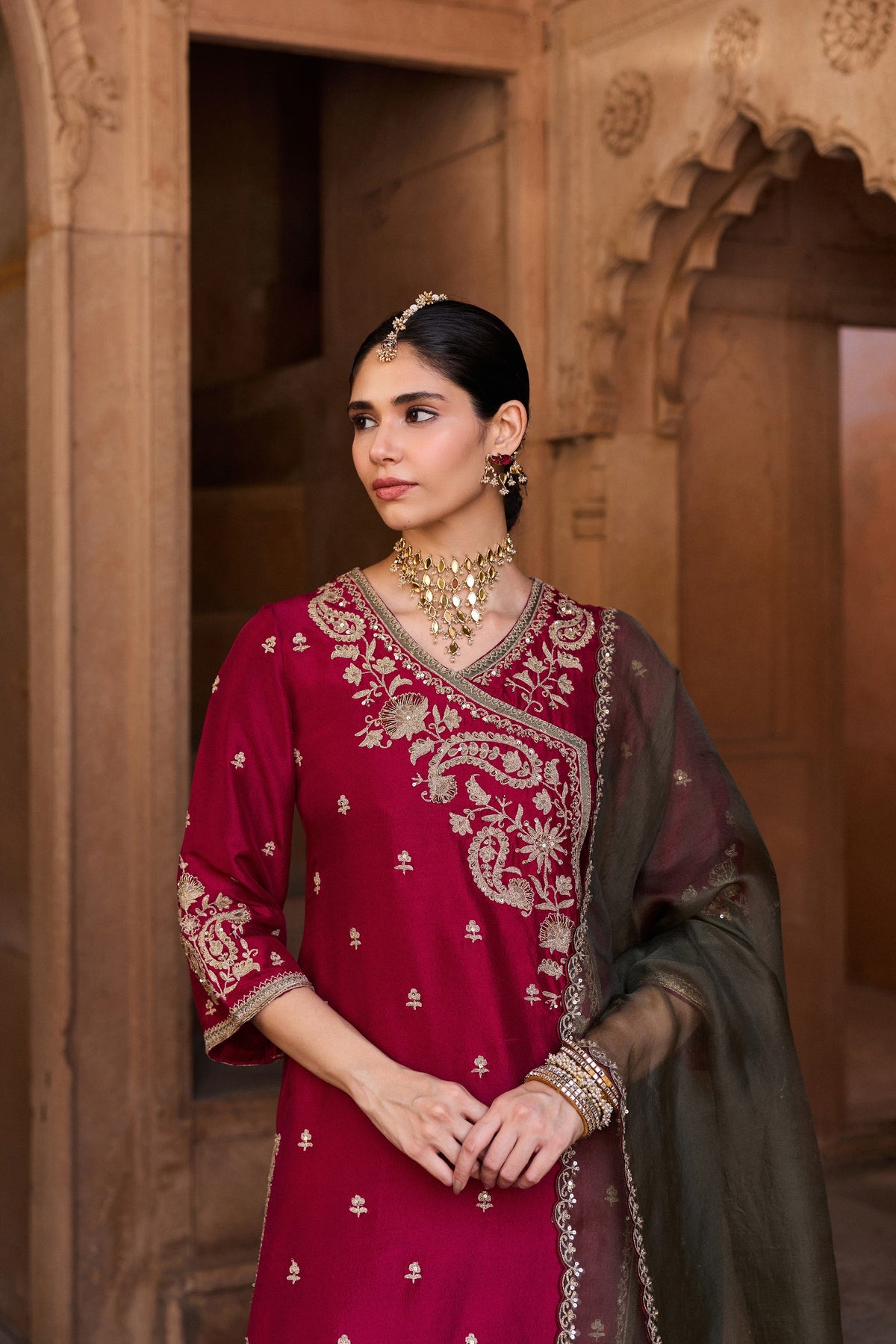 PADMINI PURE SILK HANDCRAFTED RED ANGRAKHA SET