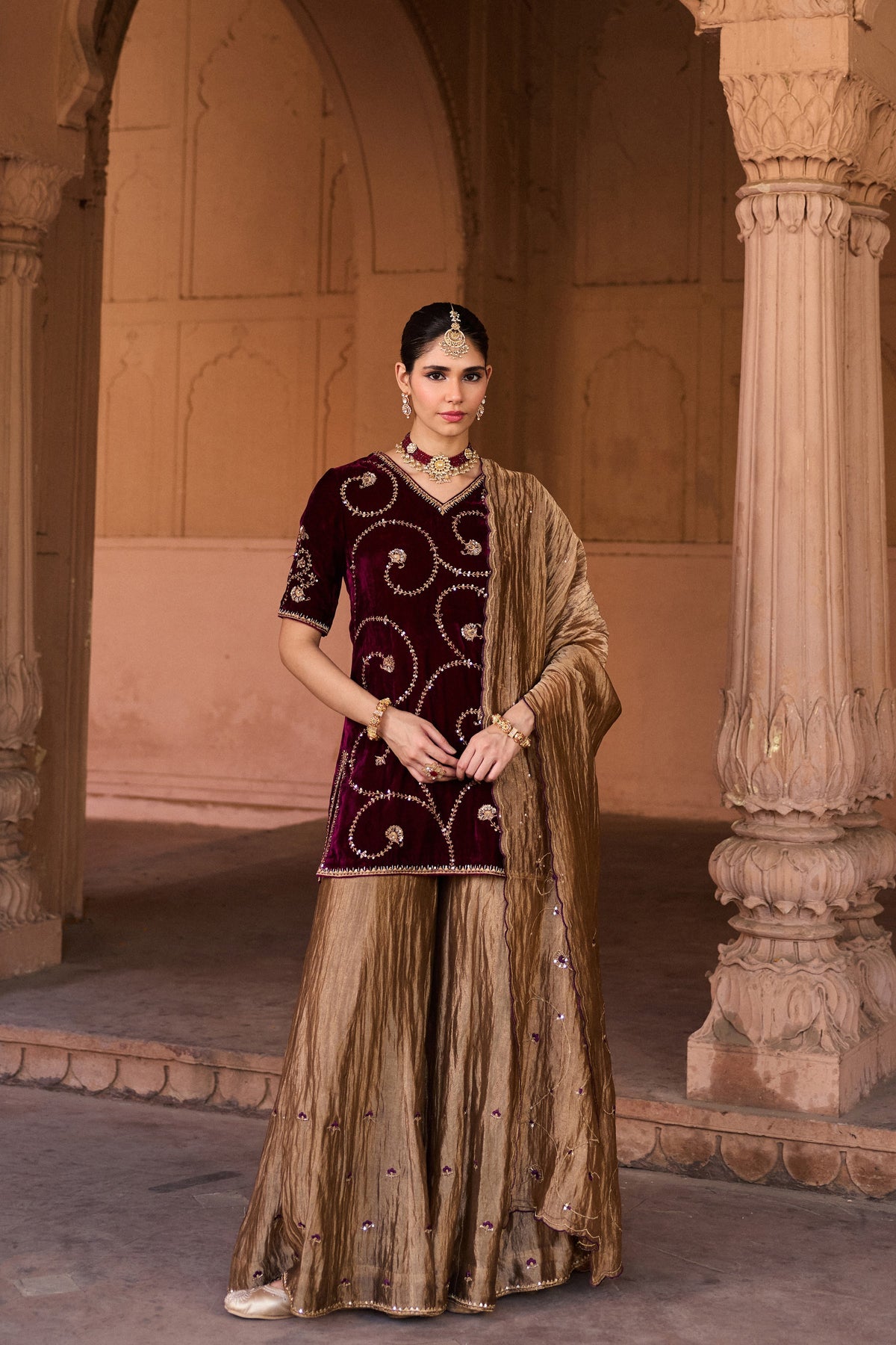 MALLIKA SILK VELVET HANDCRAFTED PLUM KURTA SET WITH SILK TISSUE GHARARA